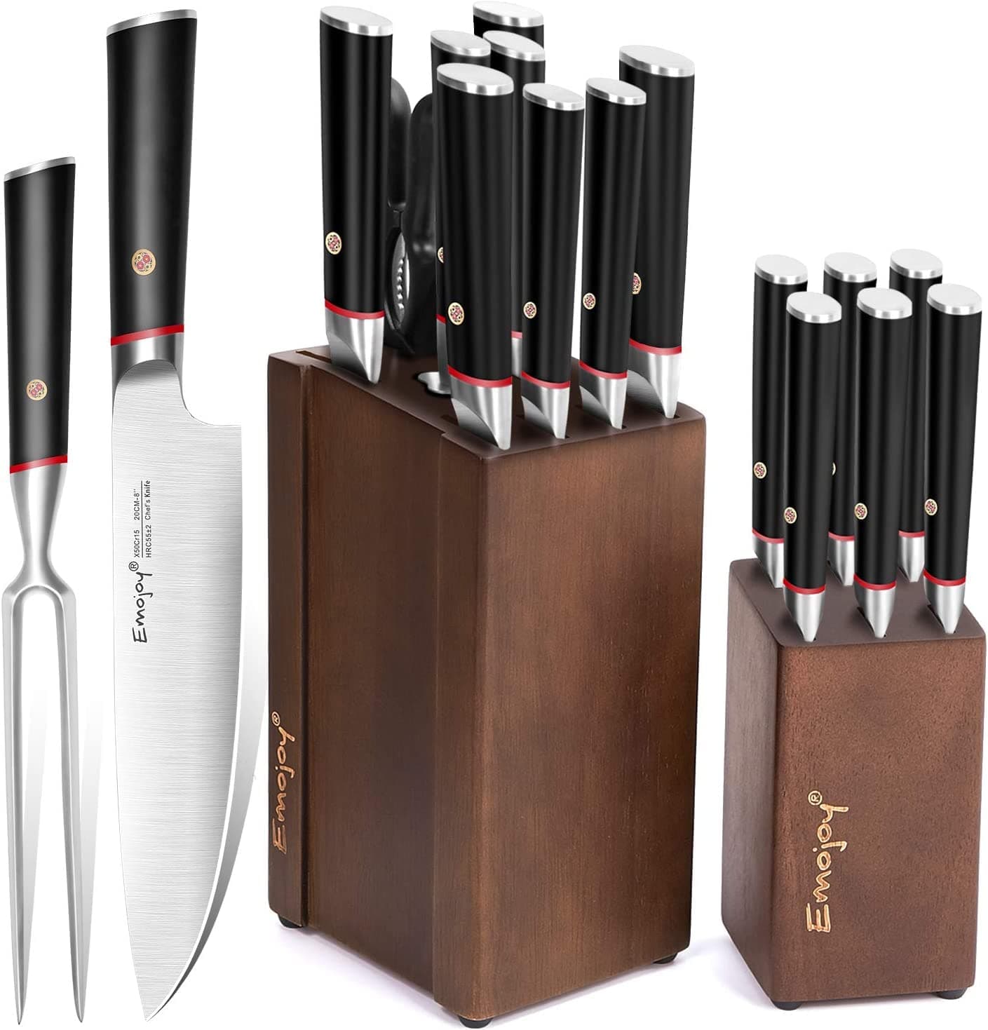 Emojoy Knife Set, 16-Piece Kitchen Knife Set with Block and Serrated Steak Knives, Germany High Carbon Stainless Steel Knife Block Set