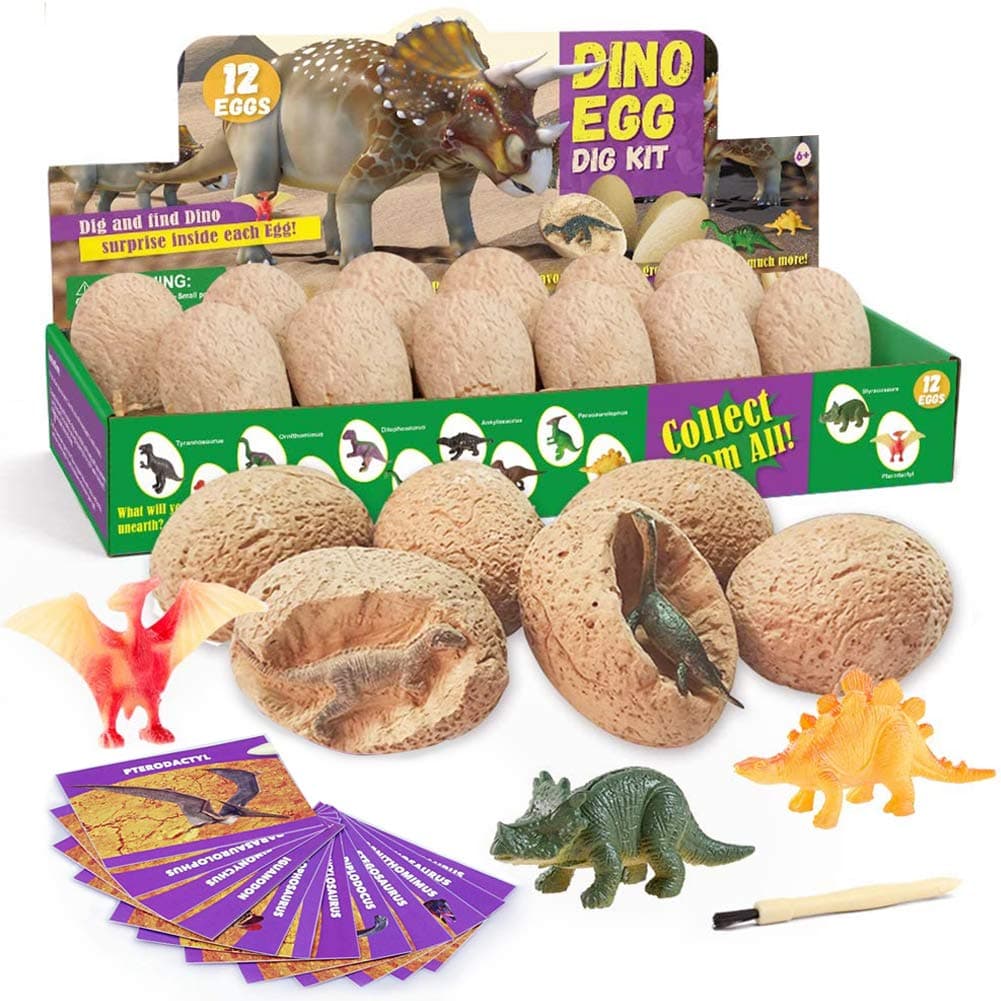 Dinosaur Eggs Dig Kit for Easter, Discover 12 Unique Dino Fossil Eggs, Novelty Excavation Toys for Kids Archaeology Paleontology Easter Egg Hunter Learn Educational Science Stem