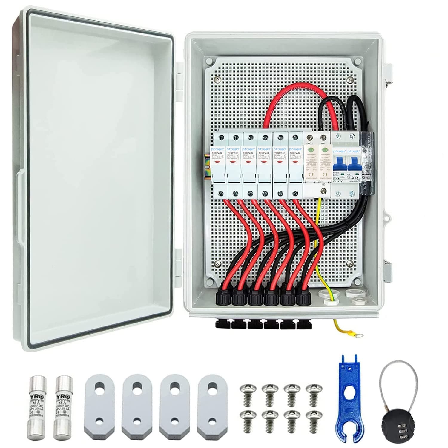 Pikasola PV Combiner Box, 6 String Solar Combiner Box with 15A LED Fuse, Lightning Arreste and 63A Air Circuit Breaker,Combiner Box for Solar Panel On/Off Grid System, IP65 Water Resistant