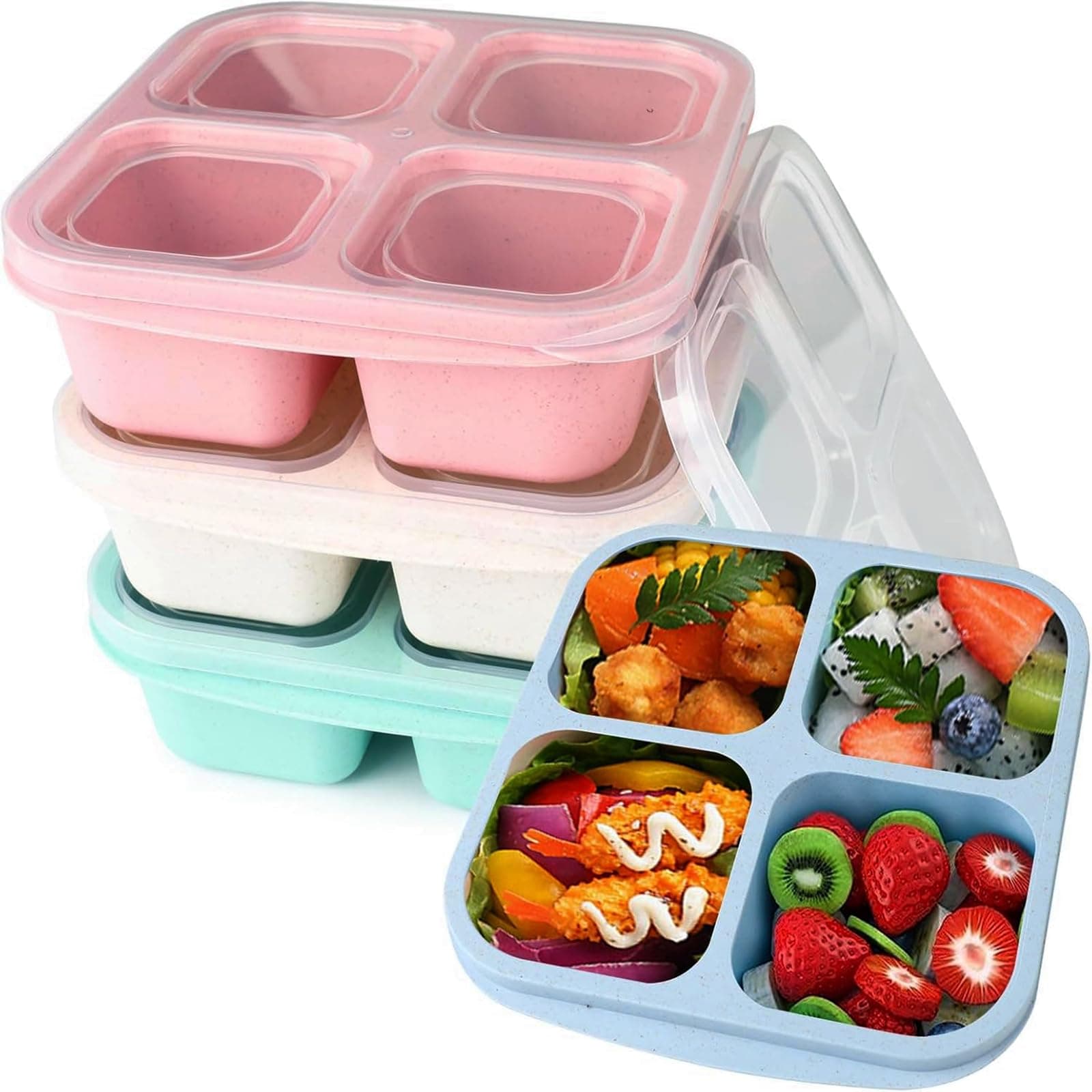– 4Pack Snack Boxes with Compartments, Snack Containers for Kids and Adults, 4 Compartments Bento Lunch Boxes, Microwave Safety, Reusable Divided Food Storage Containers for School Work Travel