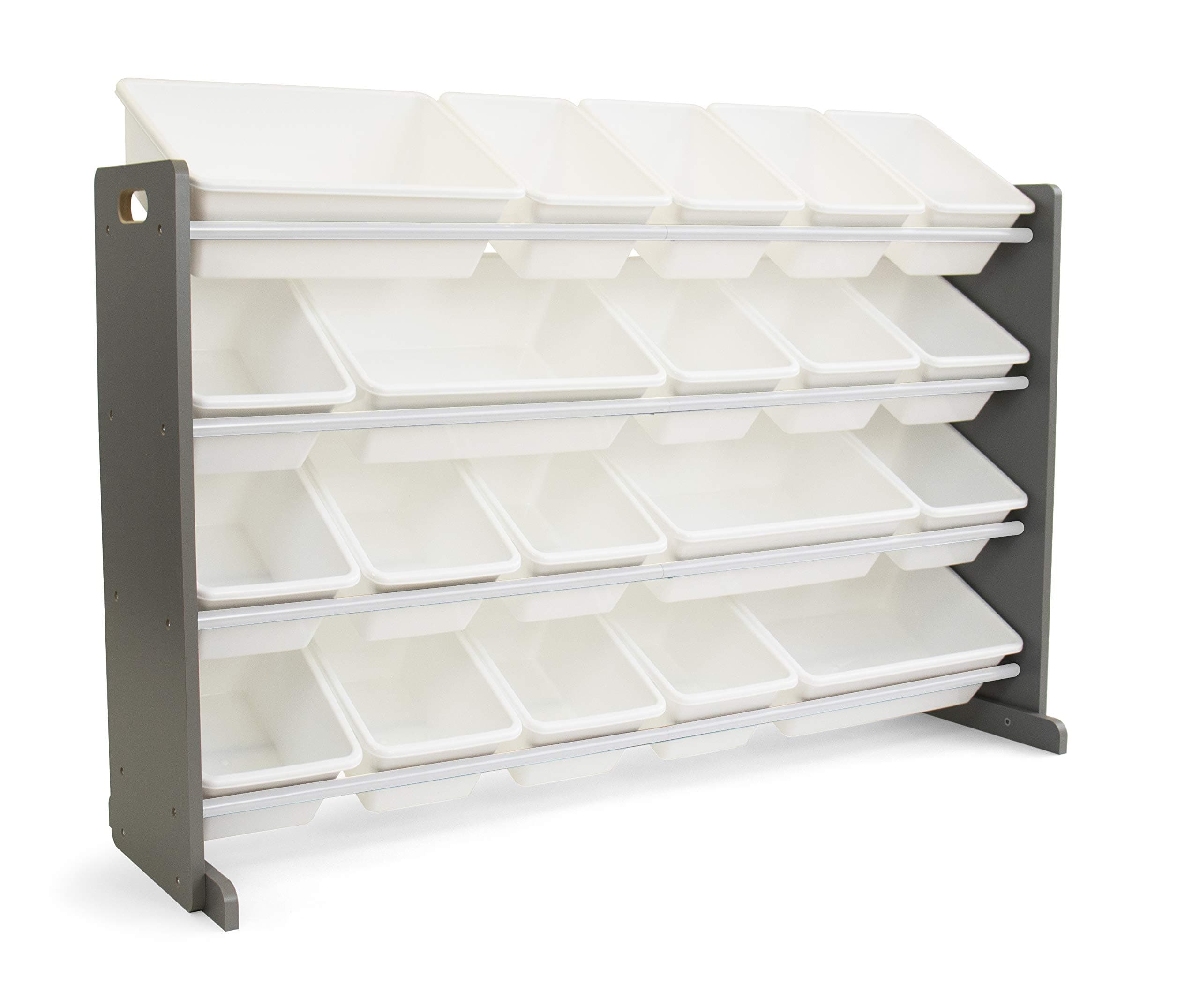 Extra-Large Toy Organizer with 20 Plastic Bins – Grey/White Storage Rack with 4-Tier Shelves, Anti-Tip Safety, for Kids’ Rooms, Playrooms, Nurseries & Classrooms