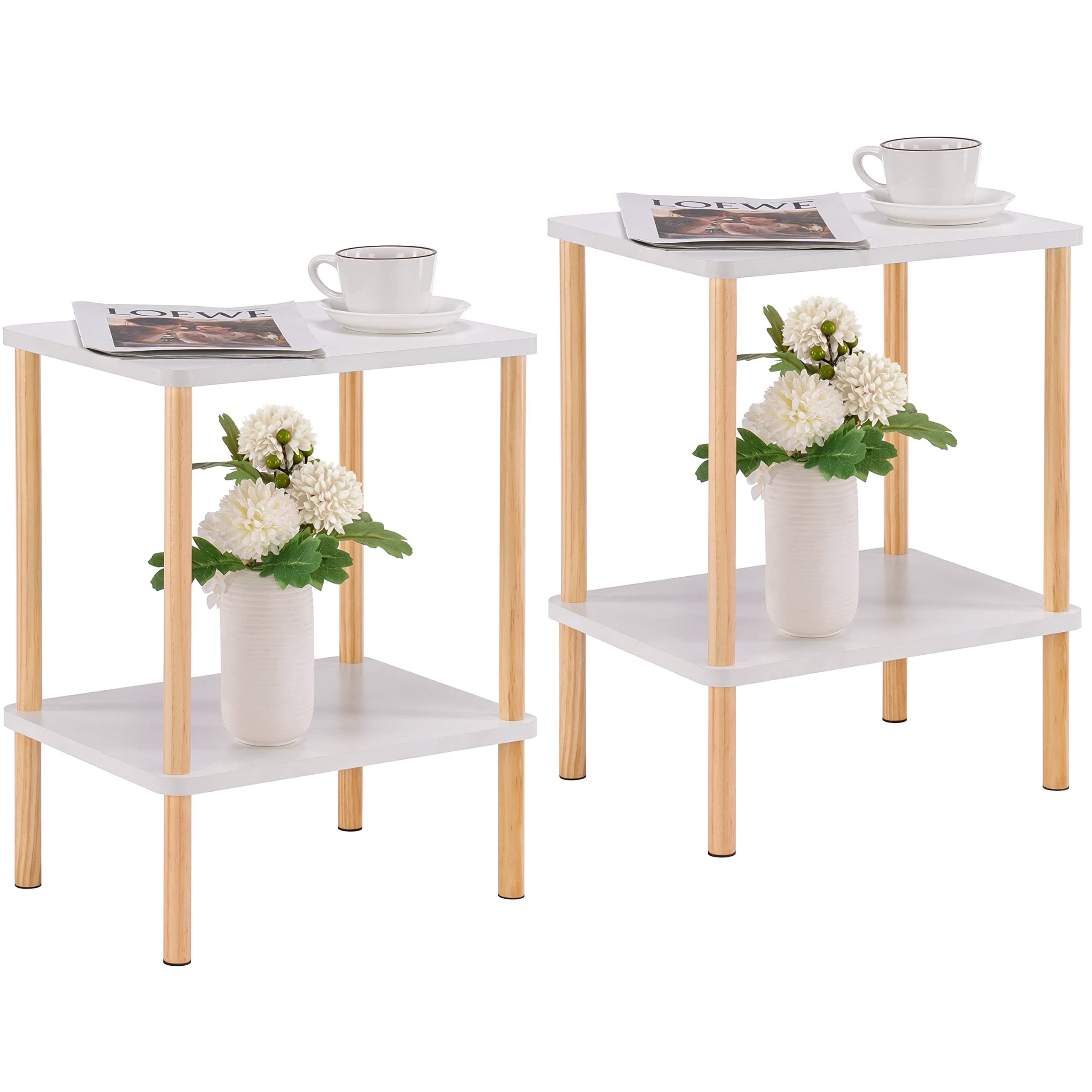 Apicizon 2 Tier End Table Set of 2, Boho Side Table with Storage Shelf, Nightstand Bedside Table for Small Spaces, Bedroom, Living Room, Entryway, Farmhouse, Easy Assembly, White+Natural
