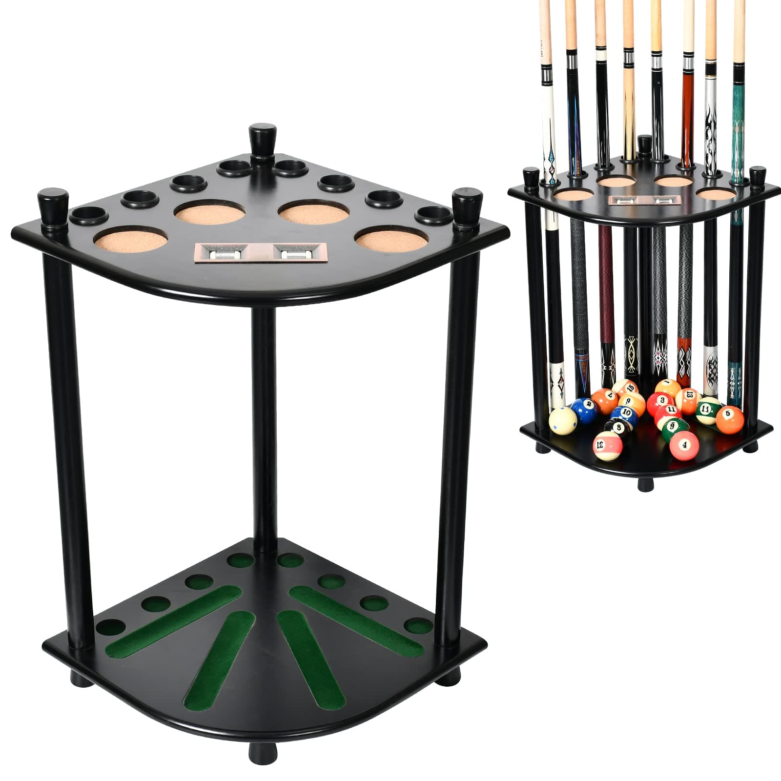 Yoom Pool Cue Rack- Pool Stick Holder Corner Rack, Billiard Cue Stick Holder Floor Stand with Score Counter, Solid Wood Billards Cue Rack for Balls and Sticks-Cue Rack Only, Black