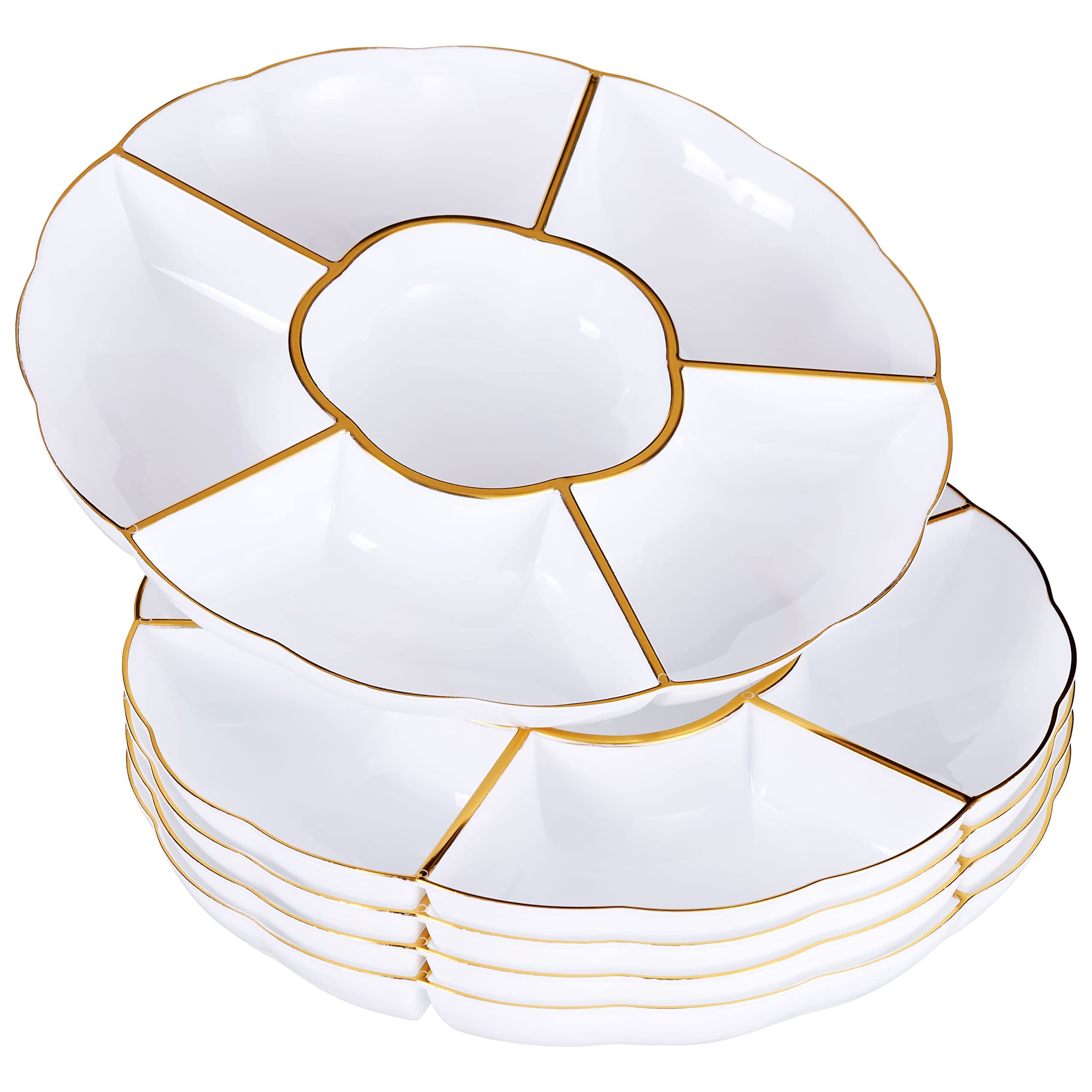 5 Pack White 6-Compartment Plastic Trays with Gold Rim, 30cm - 6 Section Food Serving Platters for Party Snacks, Appetizers, Fruits, Nibbles, Condiments - Sturdy & Reusable