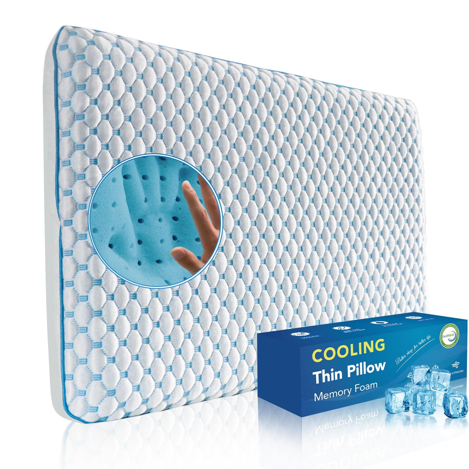 Thin Pillow for Sleeping, Cooling Gel Flat Pillow for Stomach and Back Sleepers, Ultra Slim Stomach Sleeping Pillows for Shoulder Neck Pain Relief, Low Profile Memory Foam Pillows 2.25-inches