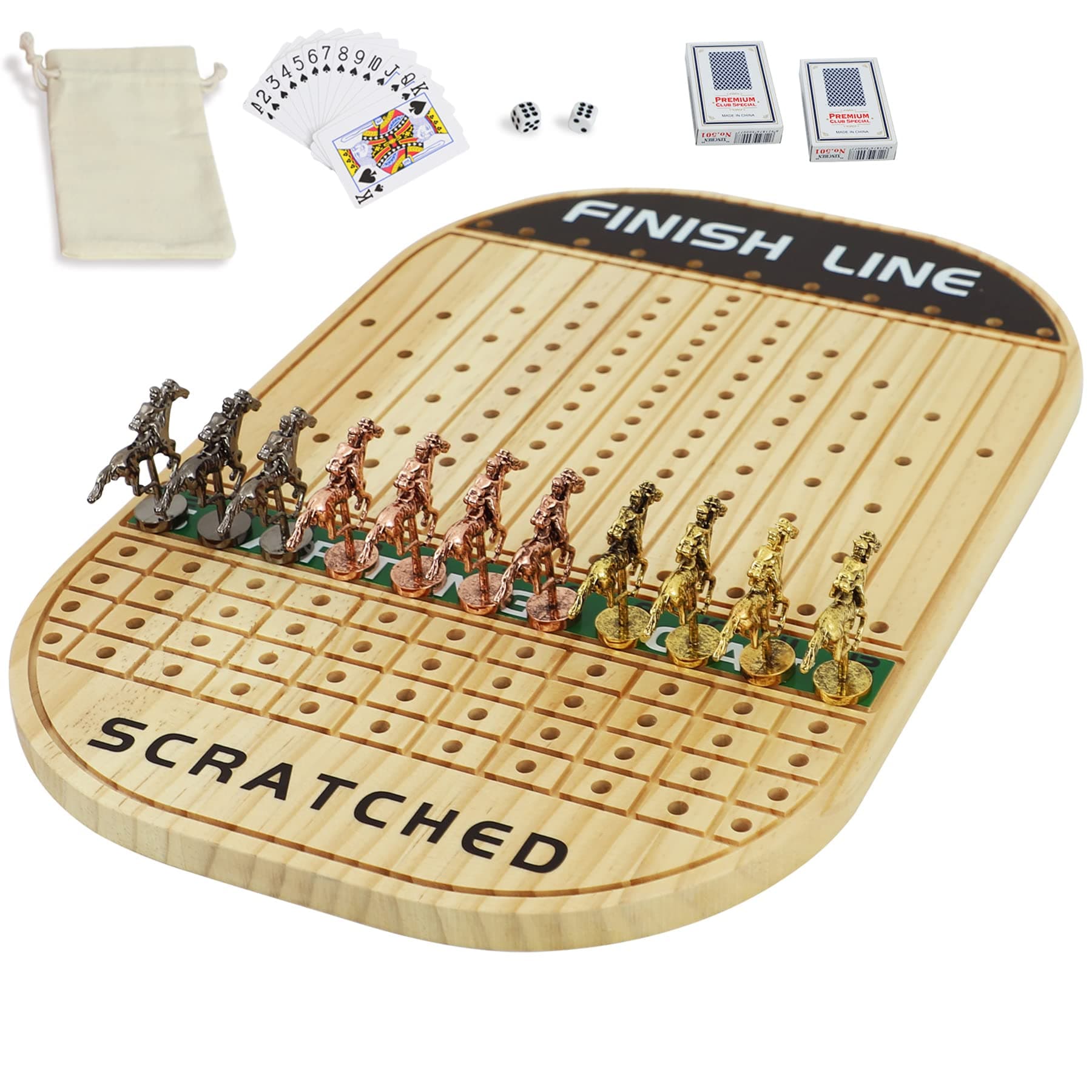 Horse Race Board Game Racing Game Thickened Solid Wood with 11 Luxurious Durable Classic Metal Horses with 4 Dice and 2 Boxes of Cards Horse Racing Game (Log Color, Oval)…