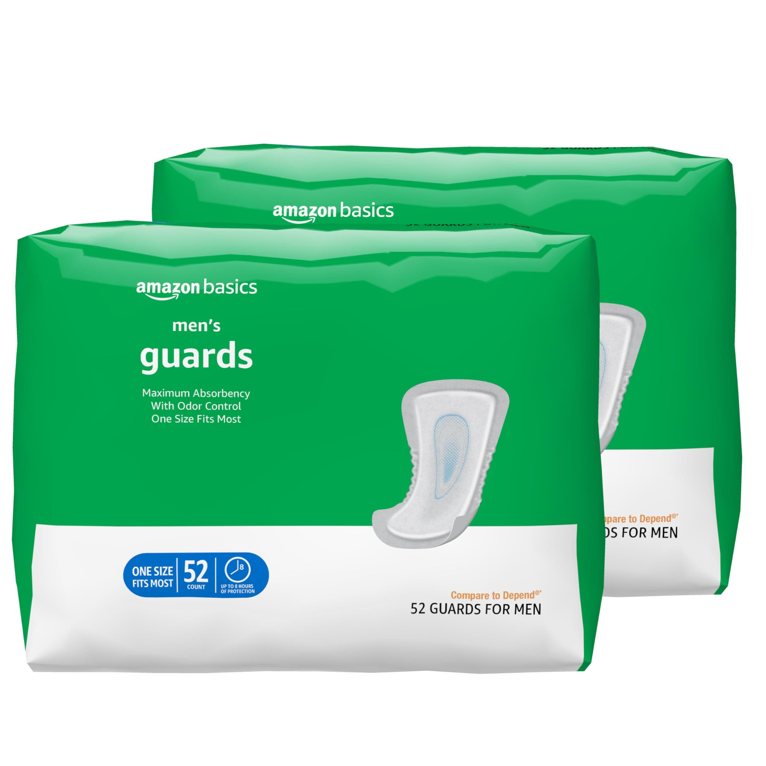 Amazon Basics Men's Incontinence Guards, Maximum Absorbency, Moisture-Wicking with Odor Protection, One Size Fits Most, 104 Count (2 Packs of 52)
