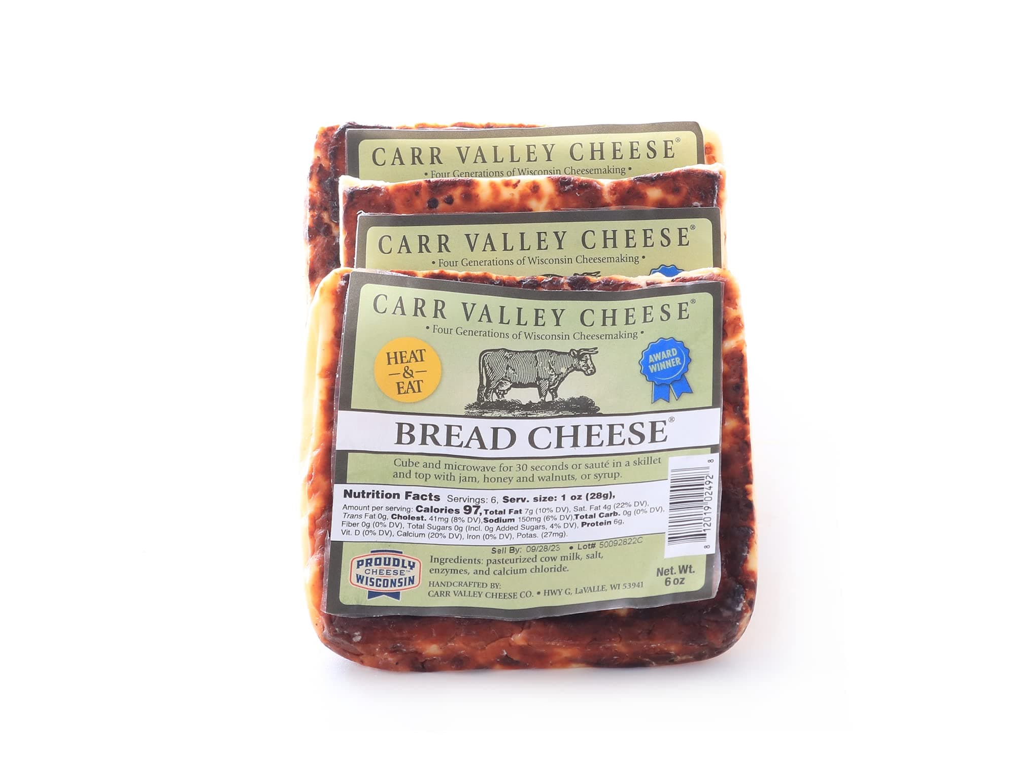 Carr Valley Bread Cheese® 3-Pack | (3) 6 oz Pieces | Authentic Wisconsin Heat & Eat Grilling Cheese (Original)