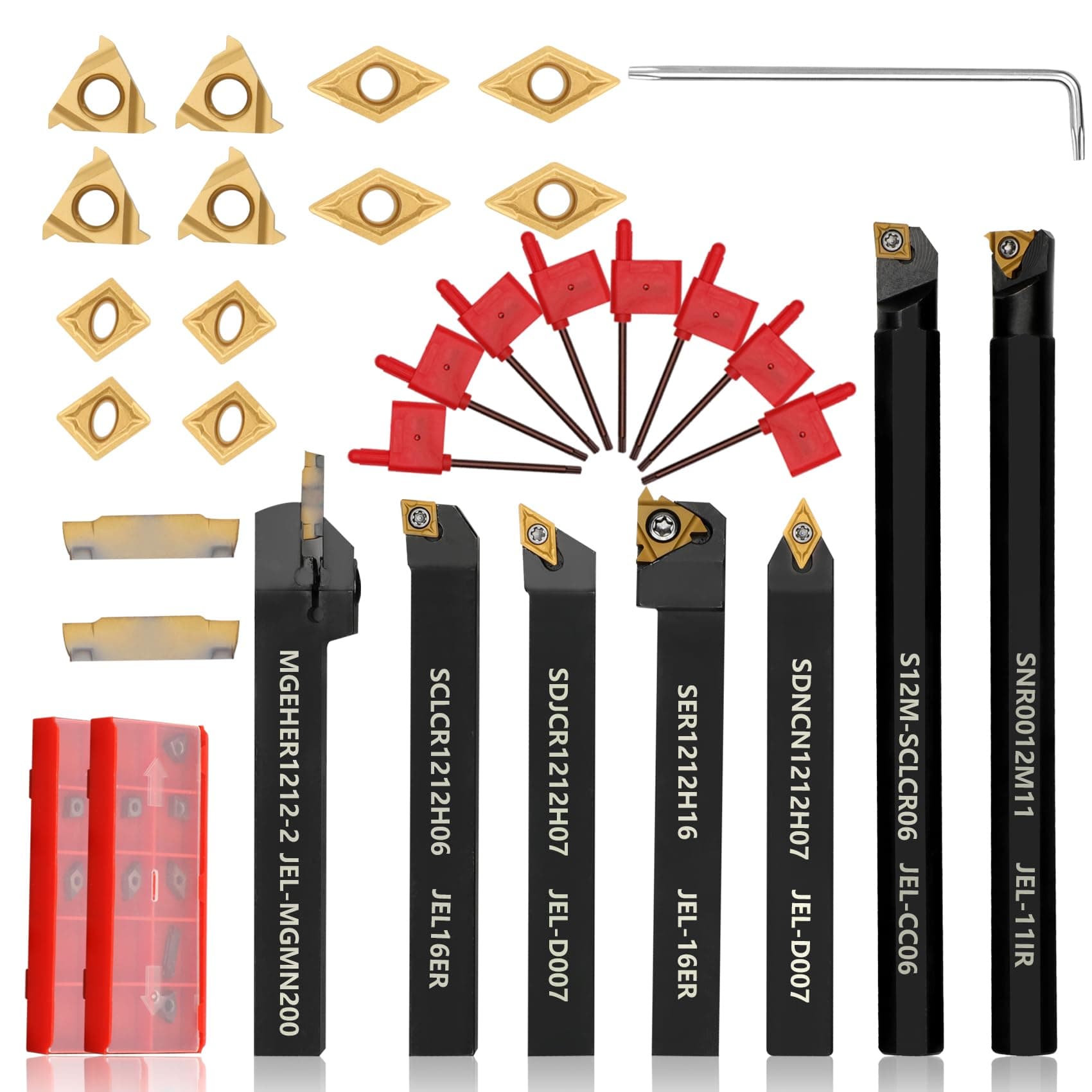 Indexable Lathe Turning Tool 21Pcs Kit 1/2'' 12mm Shank 7 Pcs Metal Lathe Tool Holder Set for Turning Grooving Threading Boring with 14 Pcs Carbide Inserts Turning Inserts Carbide Turning Tool