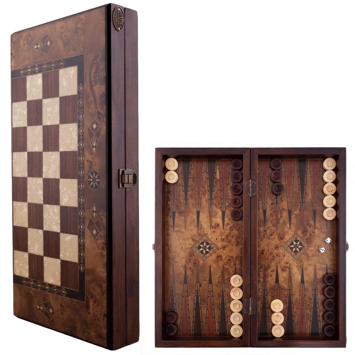 Helena wood artClassic Backgammon Set - 16 inches Medium Backgammon Board | Burl