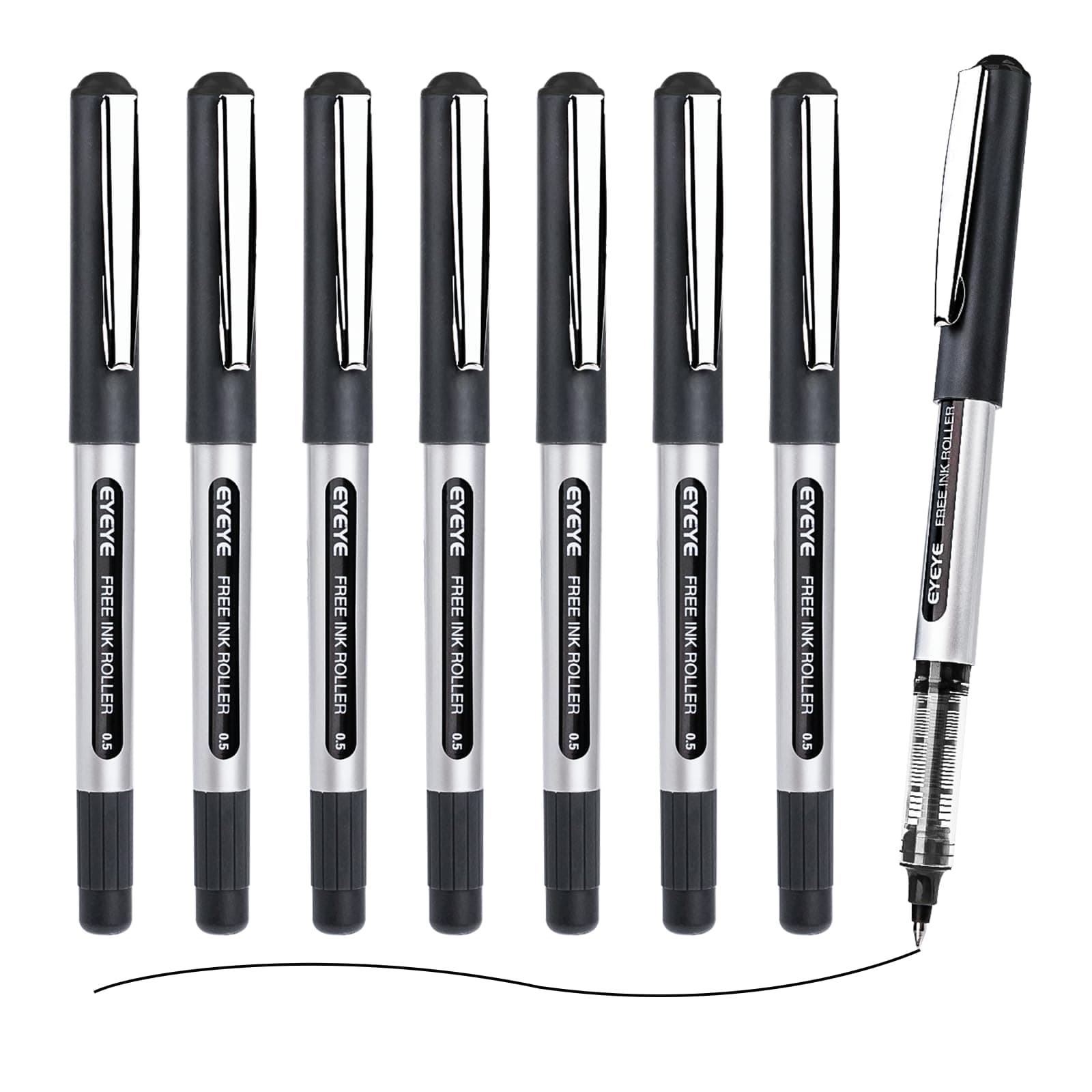 EYEYE Rollerball Pens Black 0.5mm, 8 Pack Extra Fine Point Quick Dry, Liquid Ink Pens Fine Point Smooth Writing Pen for Journaling, Note Taking, Office, School Supplies