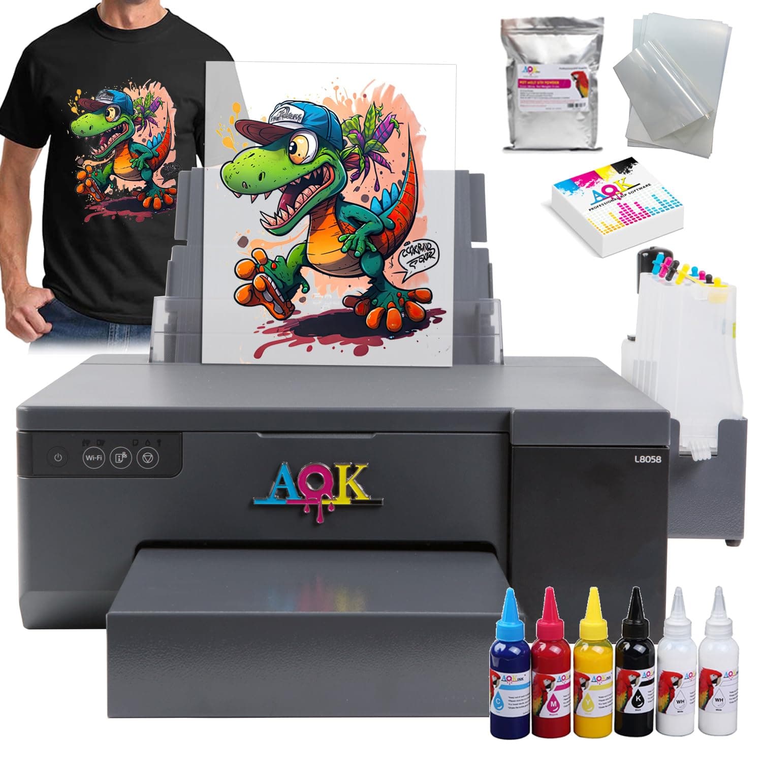 AOK L8058 A4 Size DTF Printer 8.3 inch High Efficiency DTF Printer with xp 500 Print Head Timed White Ink Stirring System for T-Shirt Clothes