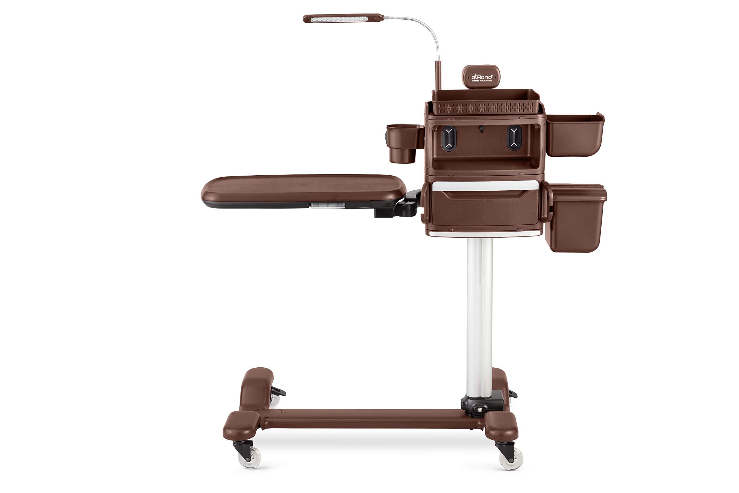 atHand Overbed Table System Bundle - The ONLY Tray Table With Storage Drawers, Charging Ports, Extra Power Outlets & Reading Lights. Table For Bed Or Chair Side. Incl Accessory Kit (Brown, Right Side)