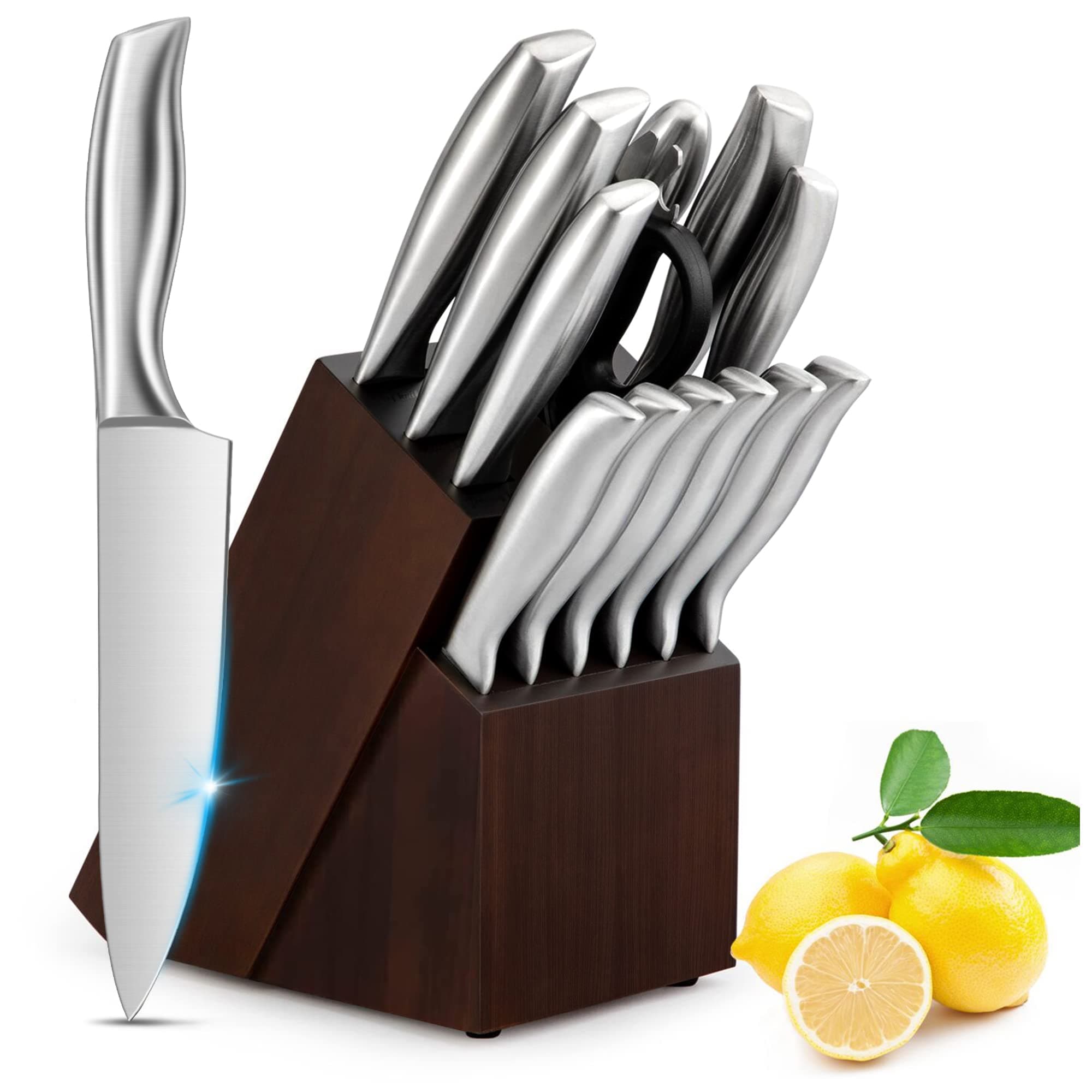Knife Set, 14 Piece Kitchen Knife Set with Block, Chef Knife set with Sharpener, Serrated Steak Knives, High Carbon Stainless Steel Knife Sets Bread Knife Cooking Knives Sets (Senior Silver)