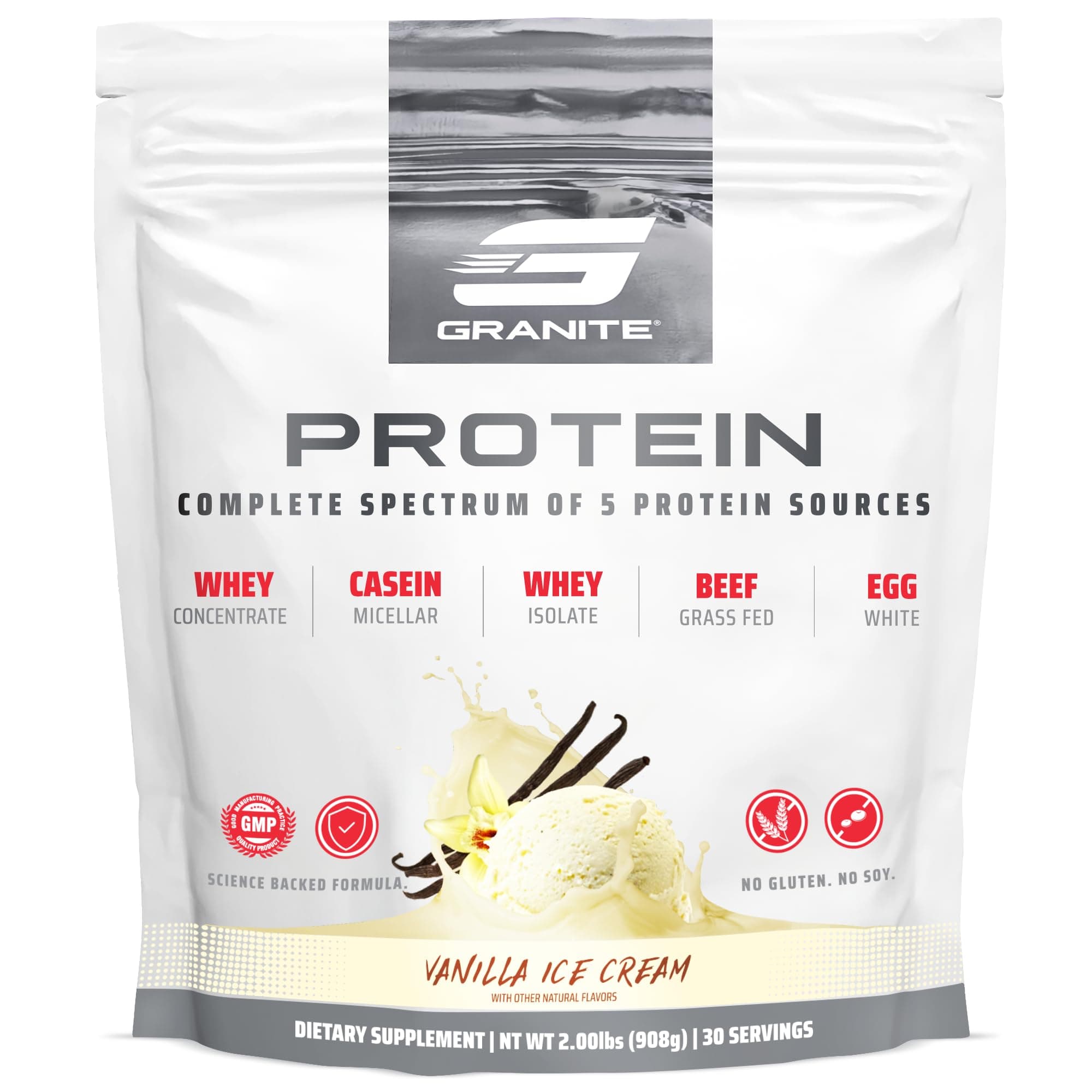 Granite Nutrition Protein Powder - Premium 5-Source Blend (Whey, Casein, Egg, Grass-Fed Beef) for Lean Muscle and Recovery - Vanilla Ice Cream, 30 Servings