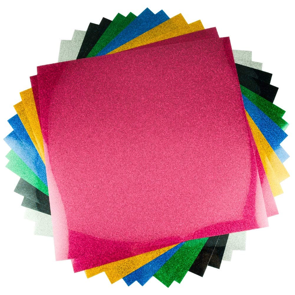 Glitter Heat Transfer Vinyl Bundle, 12 Pack 10" x 10" Sheets for T-Shirts, 6 Colors Glitter HTV Vinyl (Gold,Blue,Fuchsia,Green,Silver,Black)