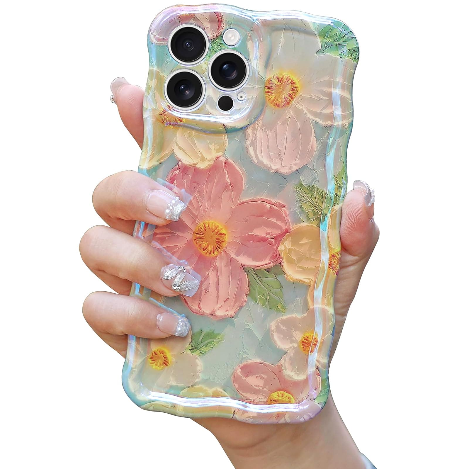 Cute Case Compatible with iPhone 16 Pro Max, Colorful Retro Oil Painting Printed Flowers Case, Floral Laser Beam Glossy Pattern Curly Waves Frame Shockproof Protective Cover for Girl Women