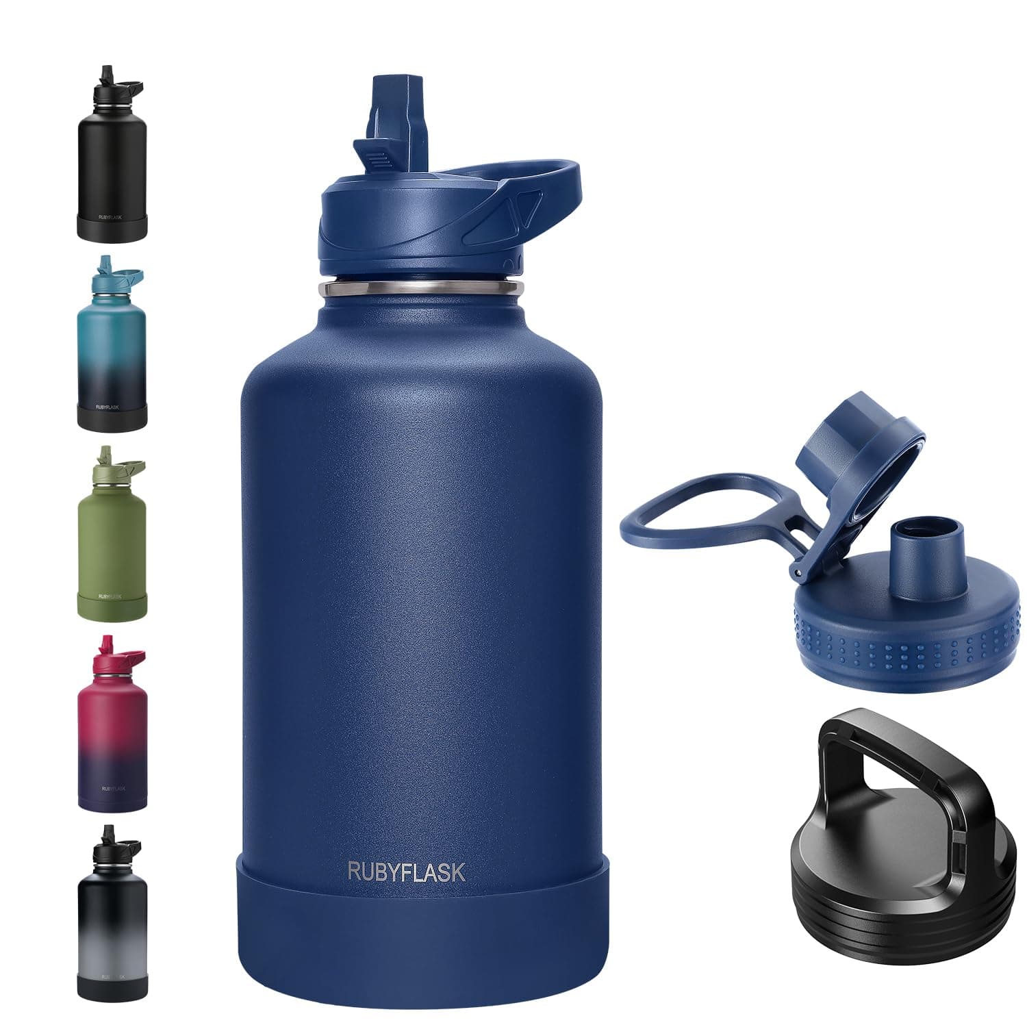 64oz Insulated Water Bottle with Straw, Half Gallon Stainless Steel Vacuum Water Jug, Large Thermal Water Bottle Flask with Leakproof 3 Lids for Travel, Camping, Gym Sports Navy