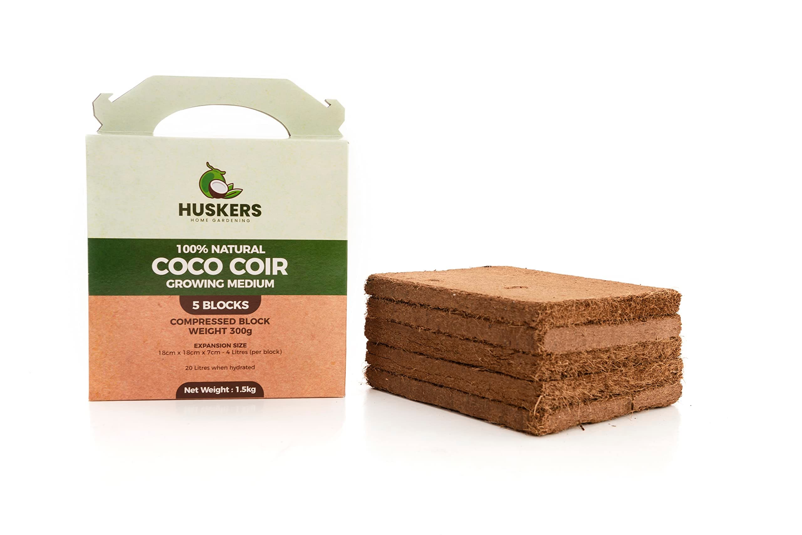 HUSKERS | 100% Natural Coco Coir (20L) | 5 x 300g Bricks | Coco Peat | Multi-purpose Organic Compost | Potting Soil | For Indoor & Outdoor House Plants | Reptile Bedding | 'Peat Free' Growing Medium