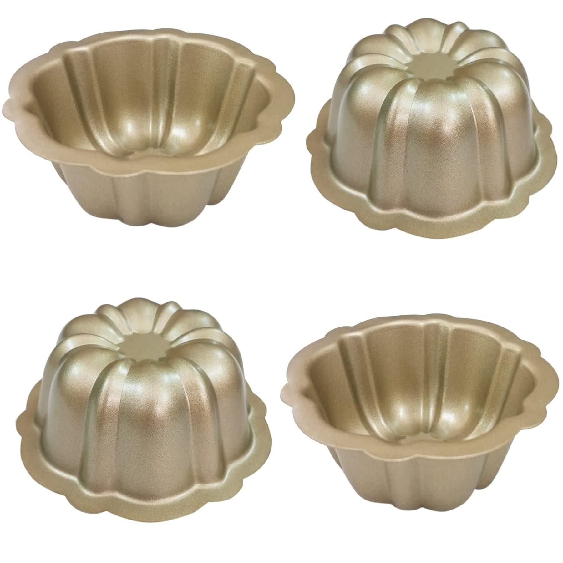 MGGi 4 Pack Mini Cake Pan, 4 Inch Nonstick Fluted Tube Cake Pans, Black Carbon Steel Fluted Cake Mini Oven Baking Mold Metal Round Pumpkin Shaped Cake Mould for Cupcake,Muffin,Brownie,Pudding - Gold