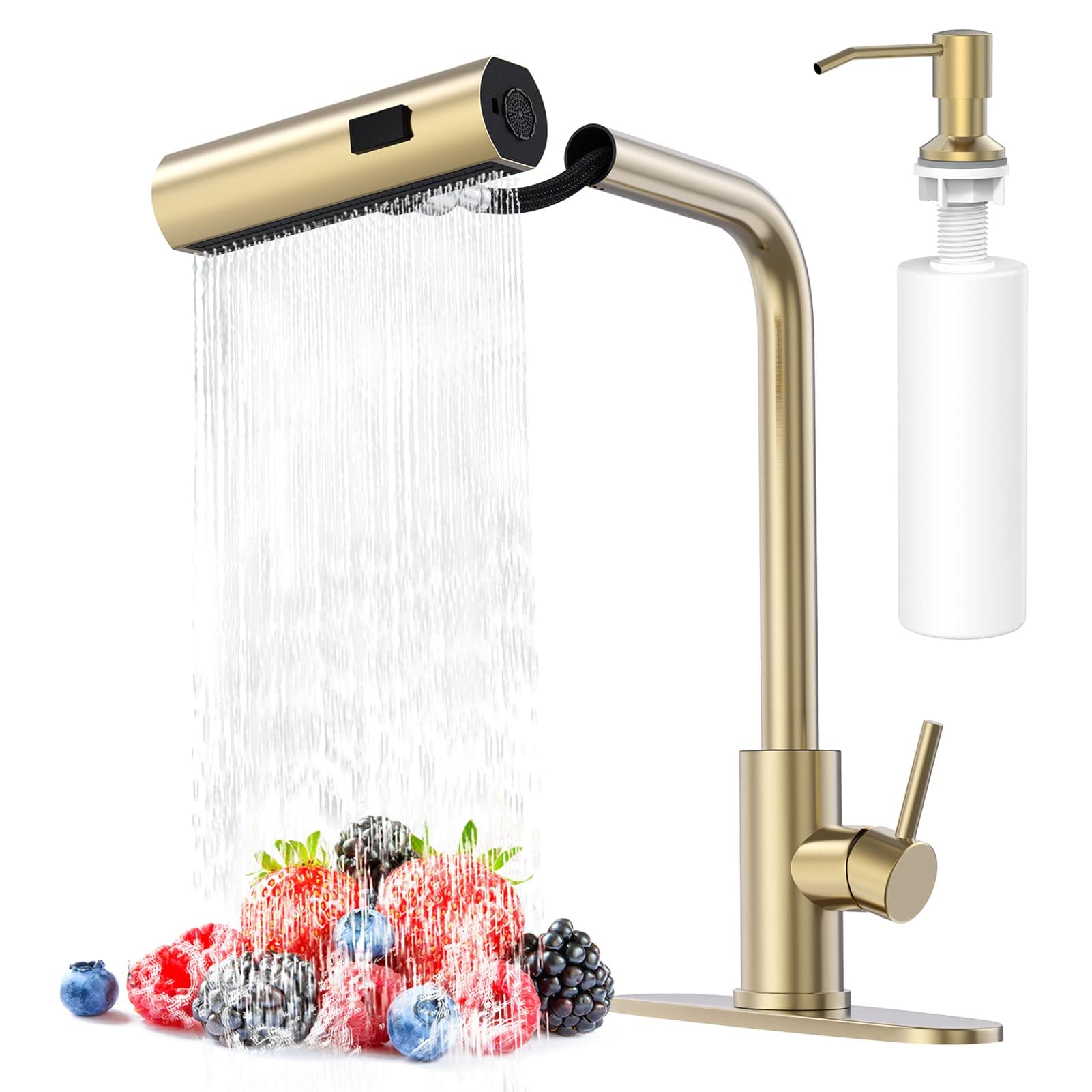 Brushed Gold Waterfall Kitchen Faucets with Pull Down Sprayer & Soap Dispenser, Single Hole & Handle, Pull Out Tap, Stainless Steel Sink Faucet, Suitable for Farmhouse Camper Laundry Rv Bar