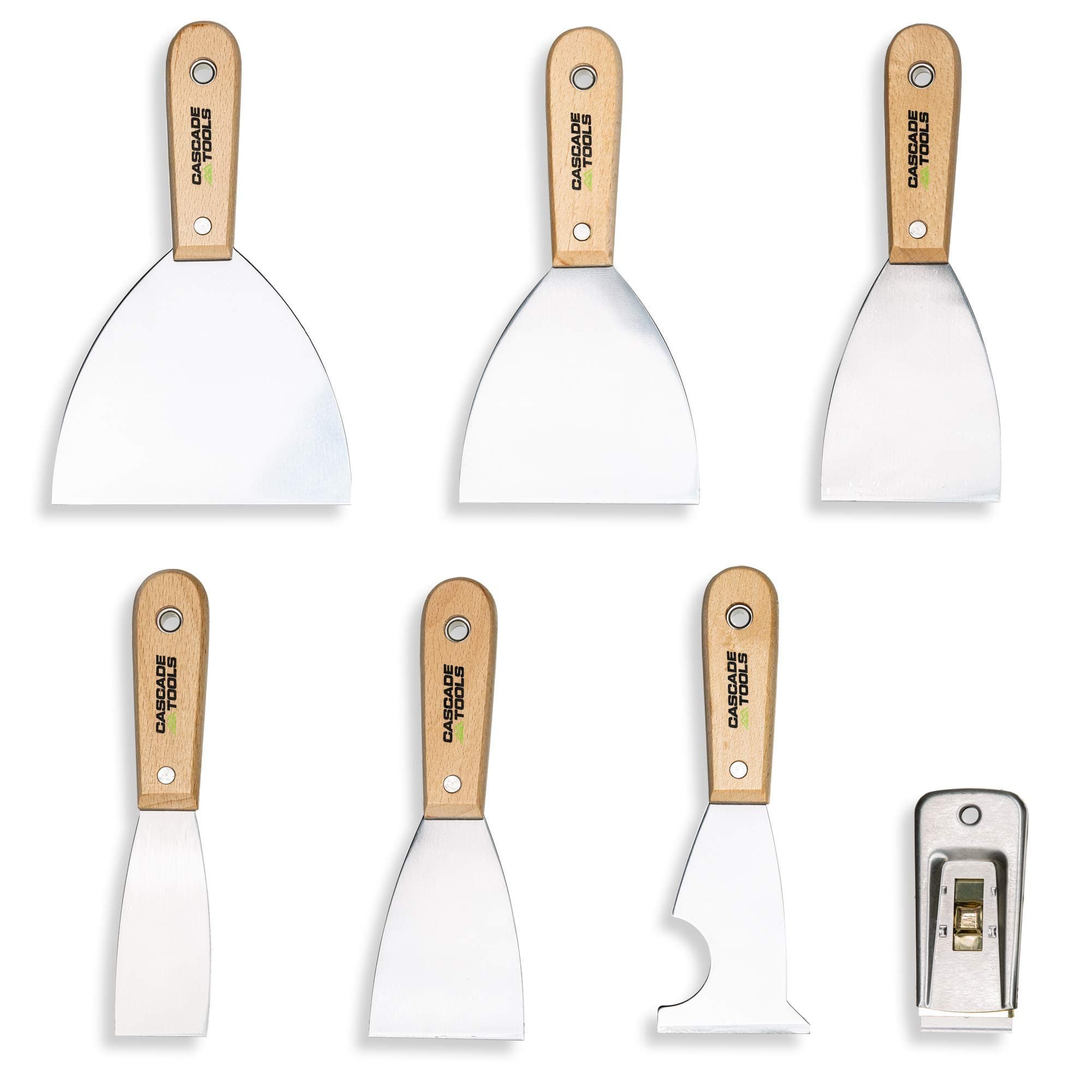 7 Piece Set - Putty Knife, 5 in 1 Multi Tool & Razor Scraper (Medium Flex & Wood Handle) - Wall Scraper & Drywall Knife - For Spreading Drywall Spackle & Mud, Taping, Scraping Paint,and More