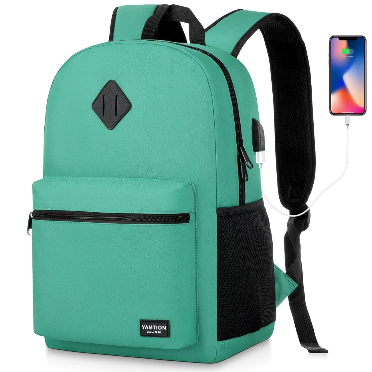 School Backpack for Teens,Green Bookbag Classic Backpack with USB Port for High School College Students