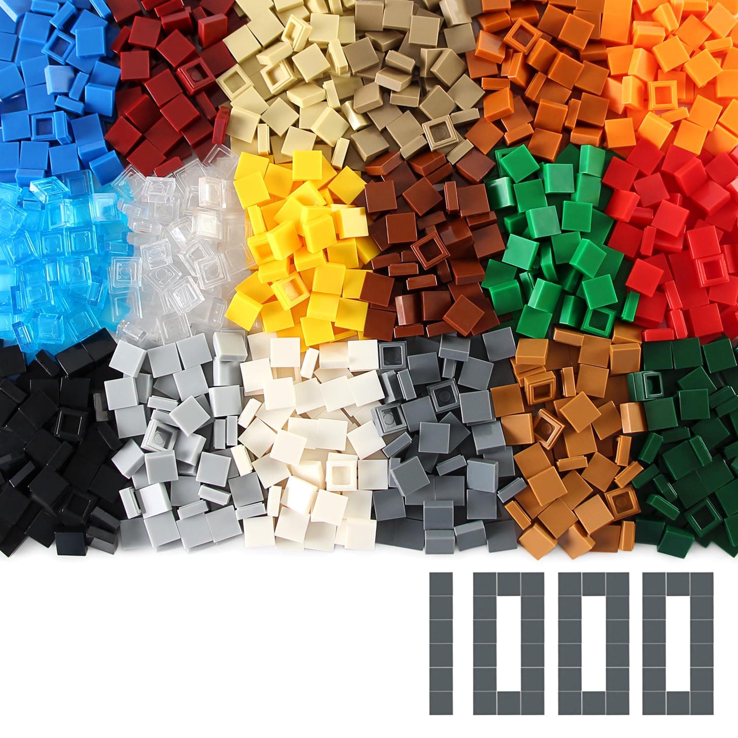 1×1 Square Tiles 1000PCS Flat Bricks MOC Pieces and Parts, 18 Colors Bulk Studs Building Accessories for Smooth Surface, Mosaics and Pixel Art Toy Dots Compatible with Major Brands 3070