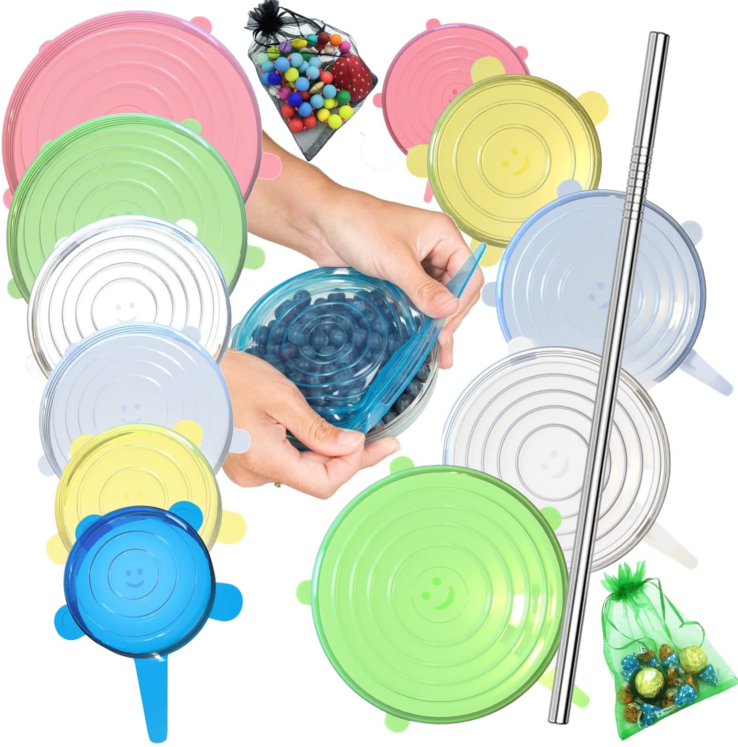 15 Pack Silicone Stretch Lids 12pcs, Metal Drinking Straw + 2 Gift Bags, Various Sizes and Shape of Containers, Reusable, Durable + Expandable Food Covers, Keeping Food Fresh, Dishwasher