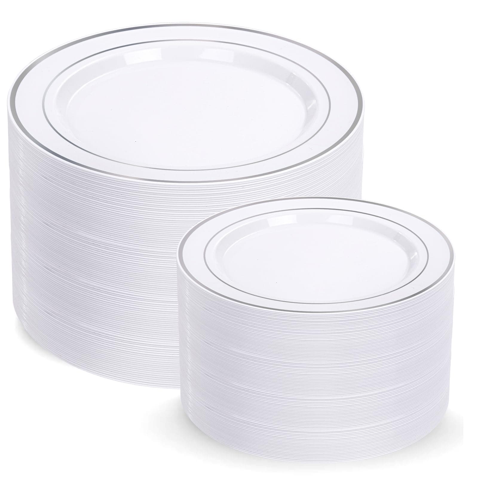 I00000 200 Pcs Silver Plastic Plates - Silver Disposable Party Plates Include 100 Dinner Plate and 100 Elegant Dessert Plate Perfect for Party, Holiday, Wedding & Birthday