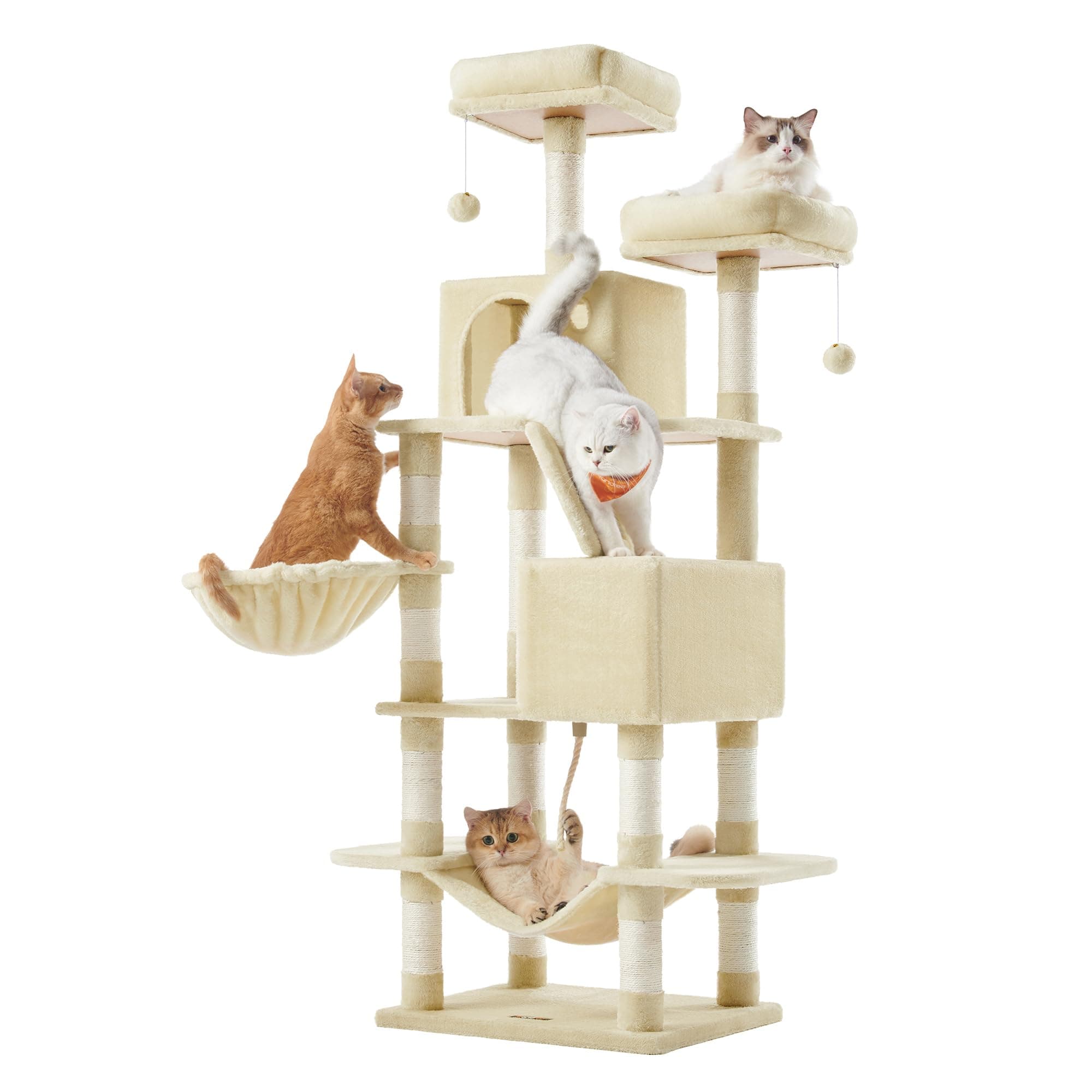 Feandrea Cat Tree, 168 cm Large Cat Tower Condo with 13 Scratching Posts, 1 Scratching Ramp, 2 Perches, 2 Caves, Basket, Hammock, Pompoms, Beige PCT165M01V1