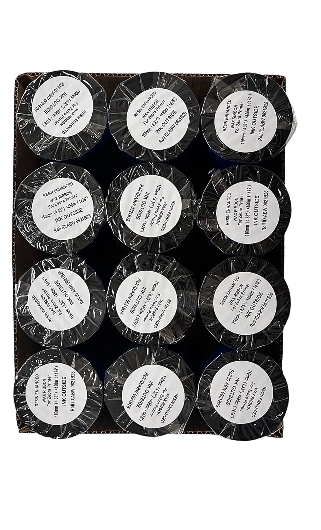 Thermal Transfer Printer Ribbon Roll – Bulk Black Standard Resin-Enhanced Wax Ribbons (4.33" x 1181'/110mm x 360m) – Compatible with Datamax Printers & More (24 Rolls)