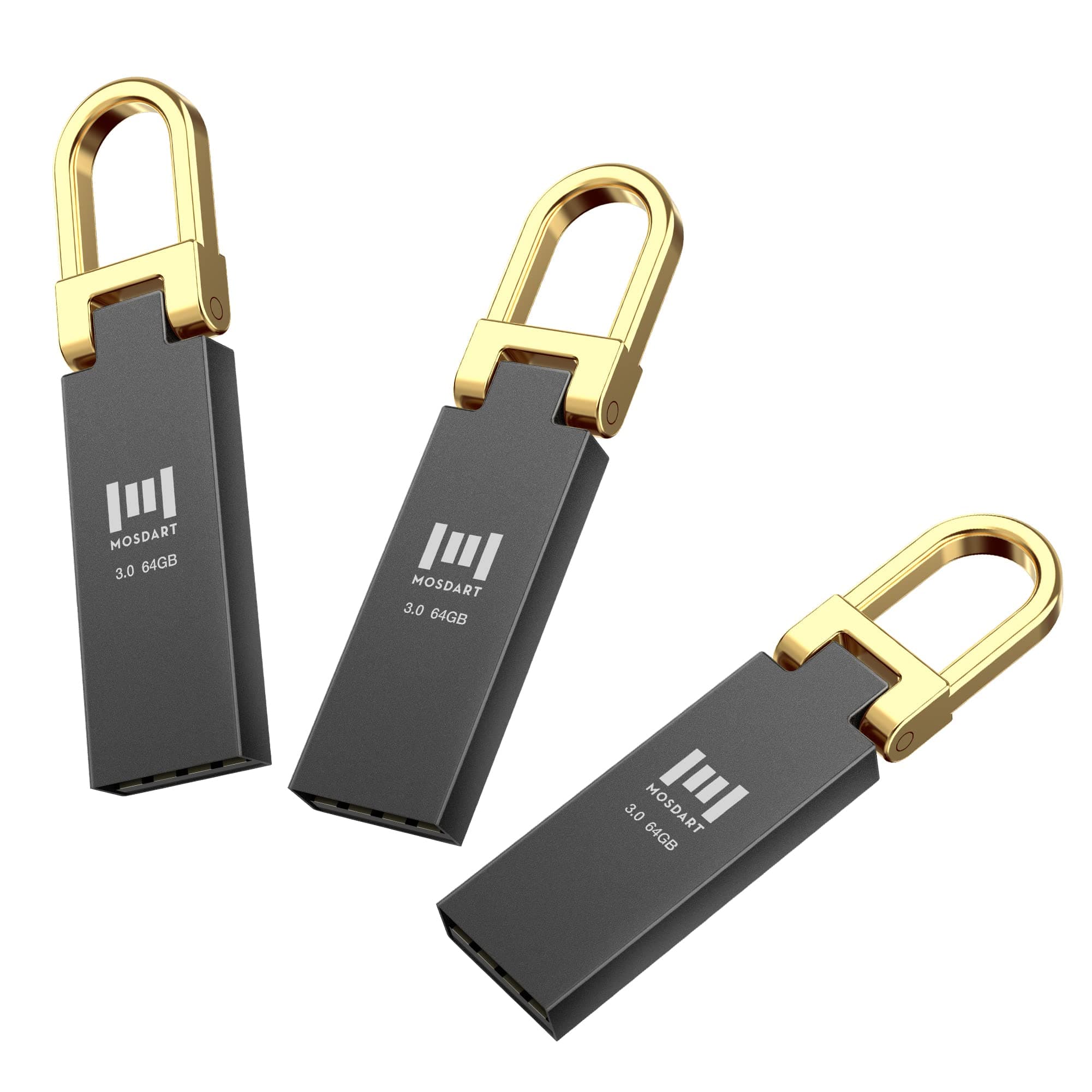 MOSDART USB 3.0 Waterproof 64GB Flash Drives 3 Pack Metal Keychain Data Backup Zip Drive Read Speed Up to 90MB/s USB3.0 Thumb Drive, 64 GB exFAT Jump Drive Memory Stick, Black