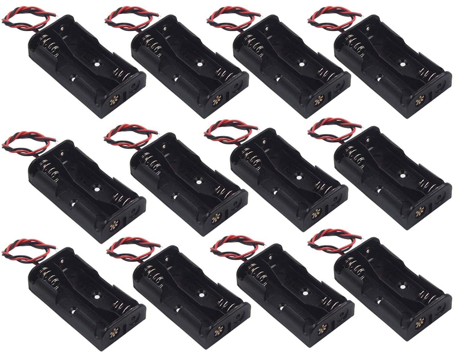 12Pcs 2 x 1.5V AA Battery Holder Case Box, 2 AA Battery Holder with Wire Leads