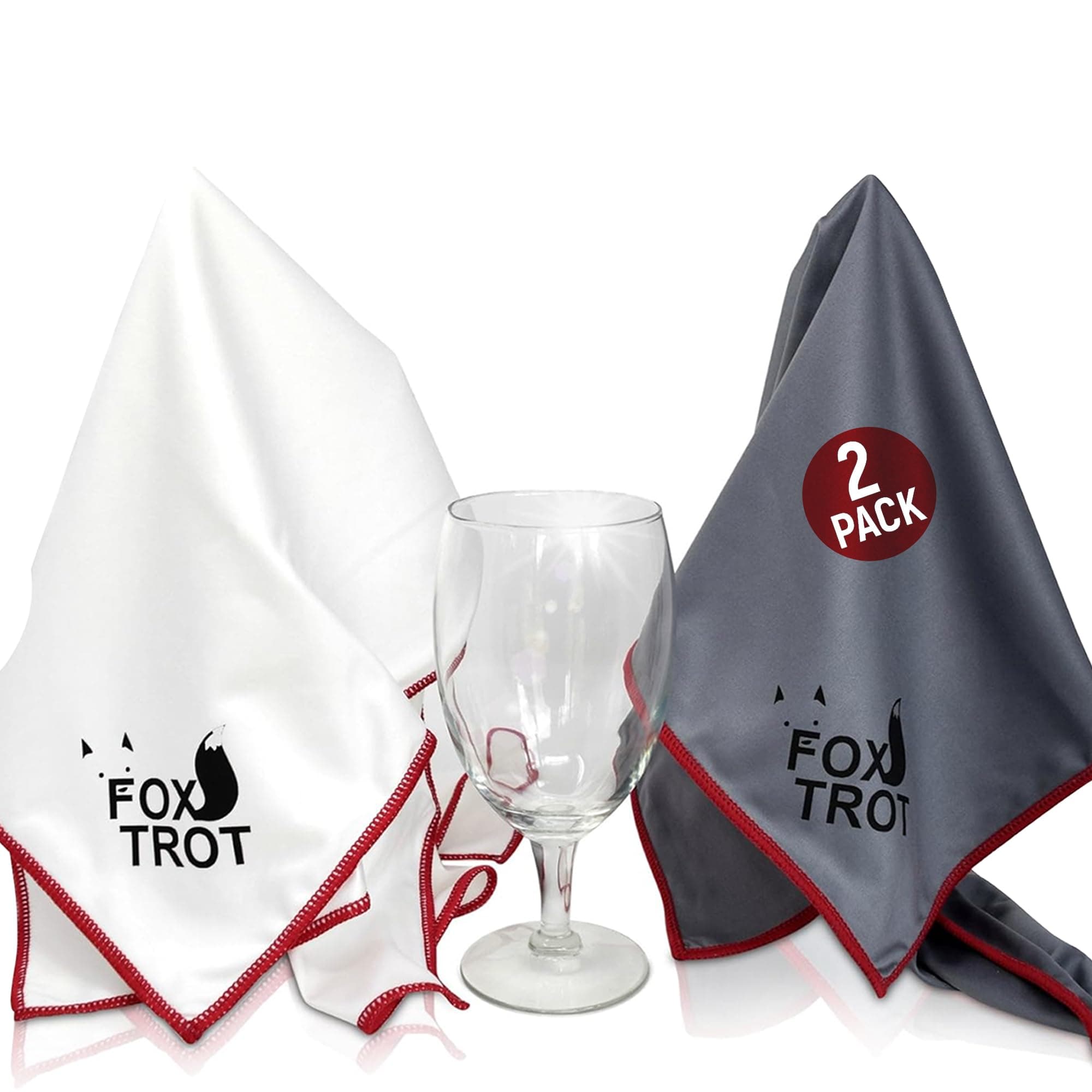 Fox Trot Large Microfiber Polishing Cloths (2 Pack White | Gray) | Streak Free, Lint Free Shine and Clarity for Wine Glasses, Stemware and More