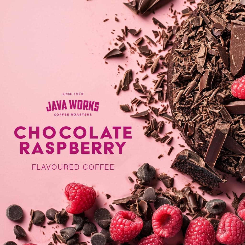 Java Works Coffee - Chocolate Raspberry Flavored Coffee | 12 ounces | Medium Roast | Whole Bean | No Sugar Added