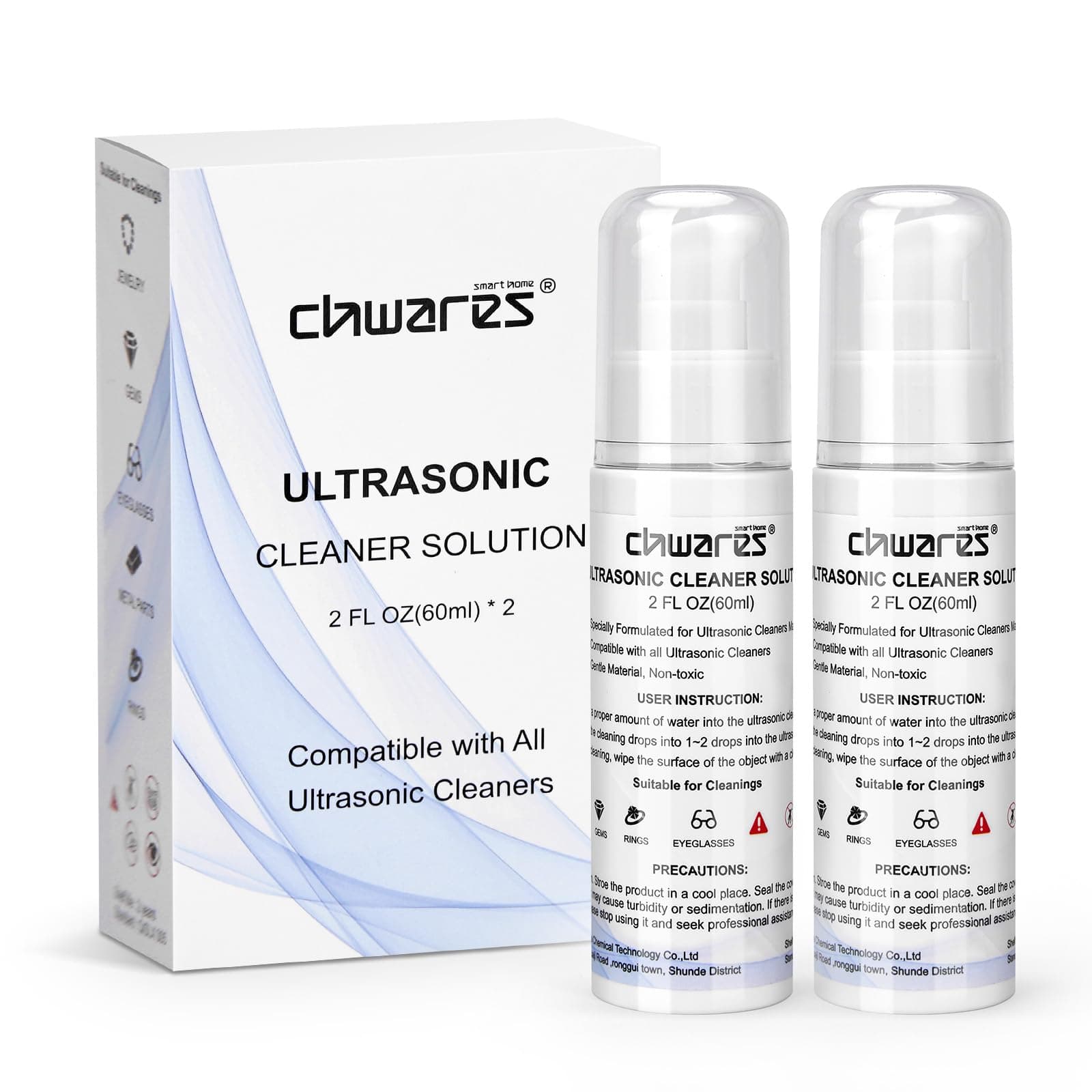 CHWARESCHWARES Ultrasonic Cleaner Solution, Sonic Cleanering Solution for Diamond, Gold, Silver, Eye Glasses and Jewelry Cleaning, Professional Jewelry Cleaner Concentrate for Ultrasonic, 2 FL OZ, Pack of 2