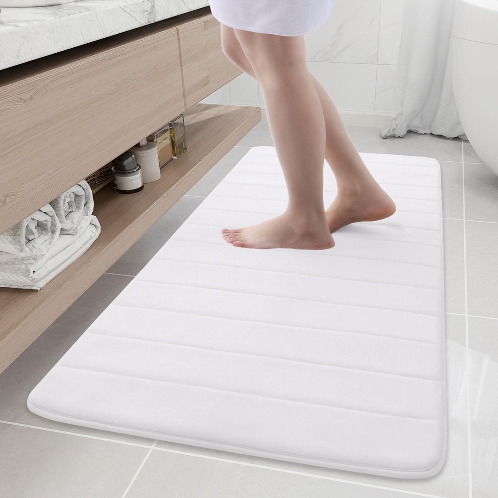 Memory Foam Bath Mat, 55" x 24", Ultra Soft and Non-Slip Bathroom Rugs, Water Absorbent and Machine Washable Bath Rug Runner for Bathroom, Shower, and Tub, White