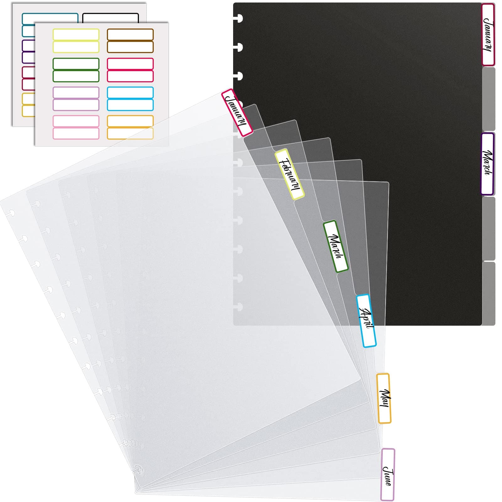 Laumoi Letter Poly Tab Dividers for Discbound Notebooks, Disc Bound Planner Supplies Discbound Divider Tabs Binder Index Dividers for Notebook, Black Semi Transparent (2 Sets, 11 Sheets in Total)