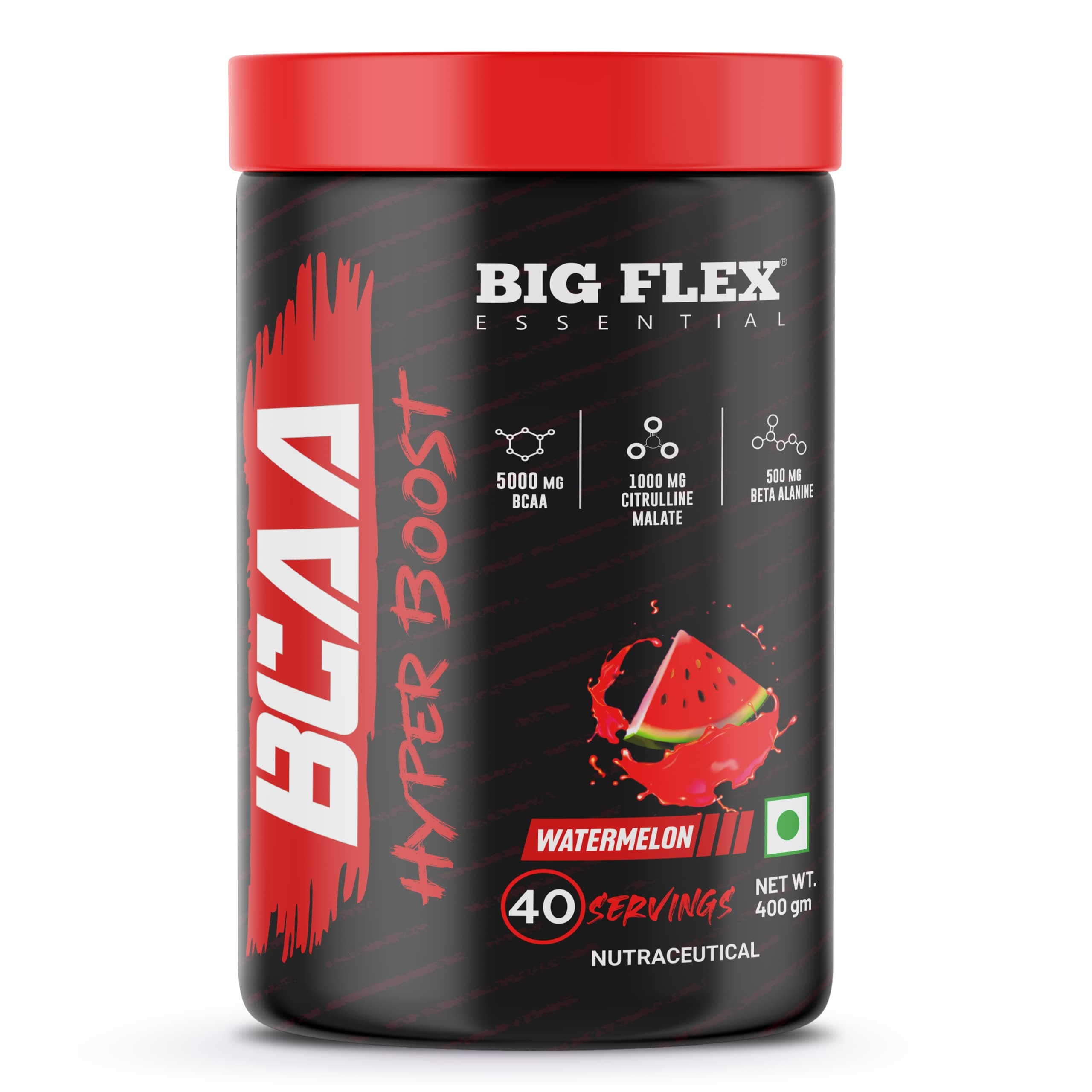 Bigflex Essential BCAA Hyperboost 5000mg Bcaa + 1000mg Citrulline malate | 500mg Beta Alanine | 500mg L-Taurine| Caffeine | Muscle Growth | Recovery | Energy - 40 Servings (Watermelon)