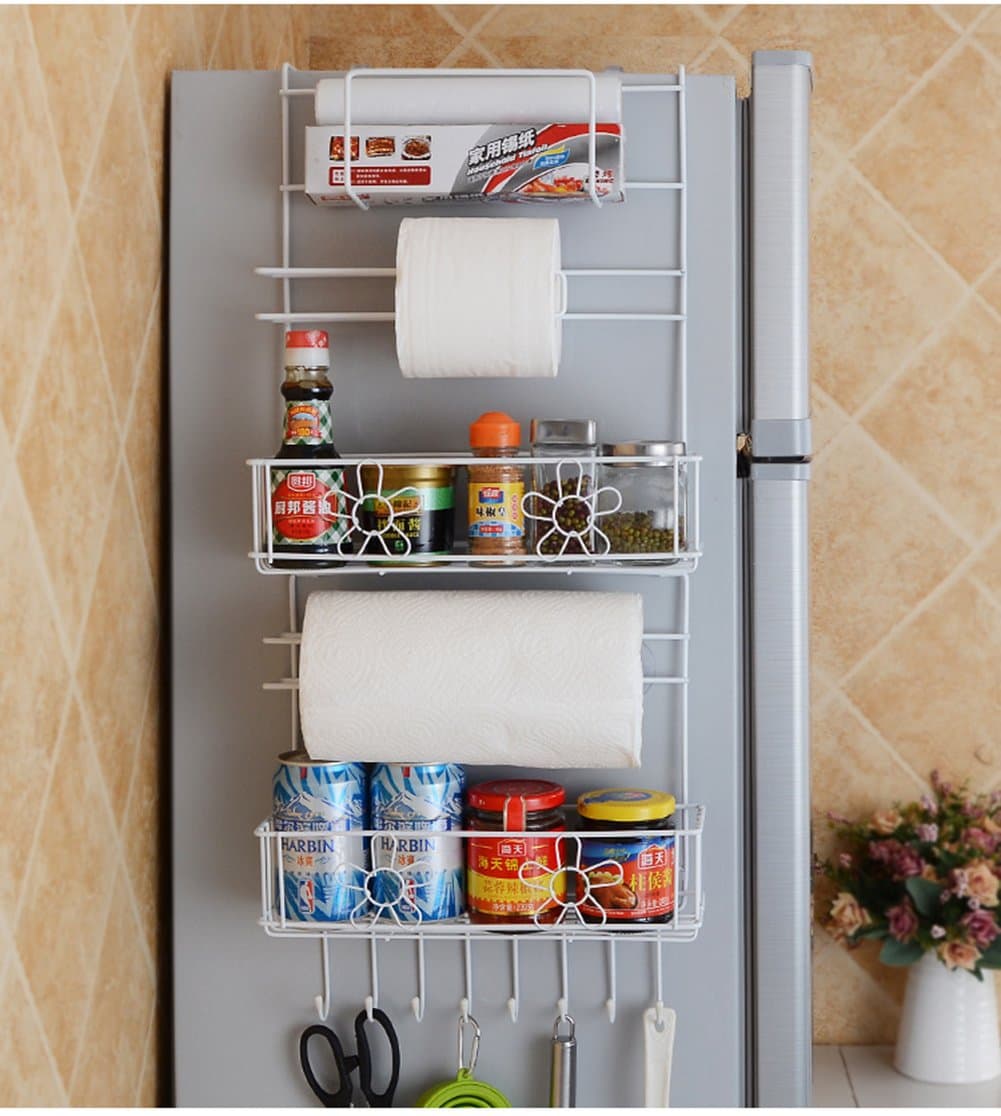Refrigerator Side Storage Rack Hanging Rack Spice Organizer Basket Holder Over Door Wall Shelf for Kitchen Bathroom,White