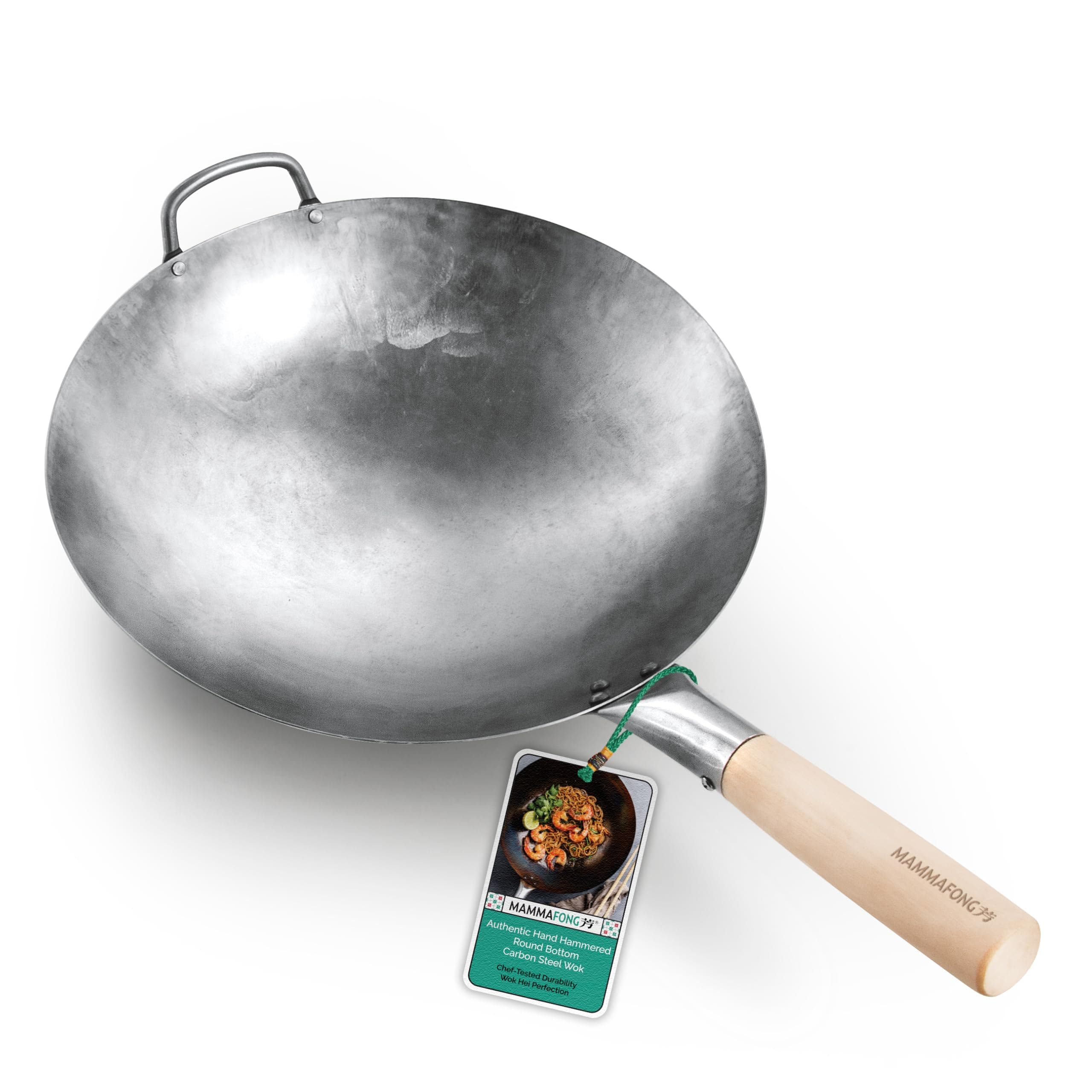 Round Bottom 14-inch Traditional Carbon Steel Wok Pan - Authentic Hand Hammered Woks and Stir Fry Pans - Pow Wok with no chemical coating