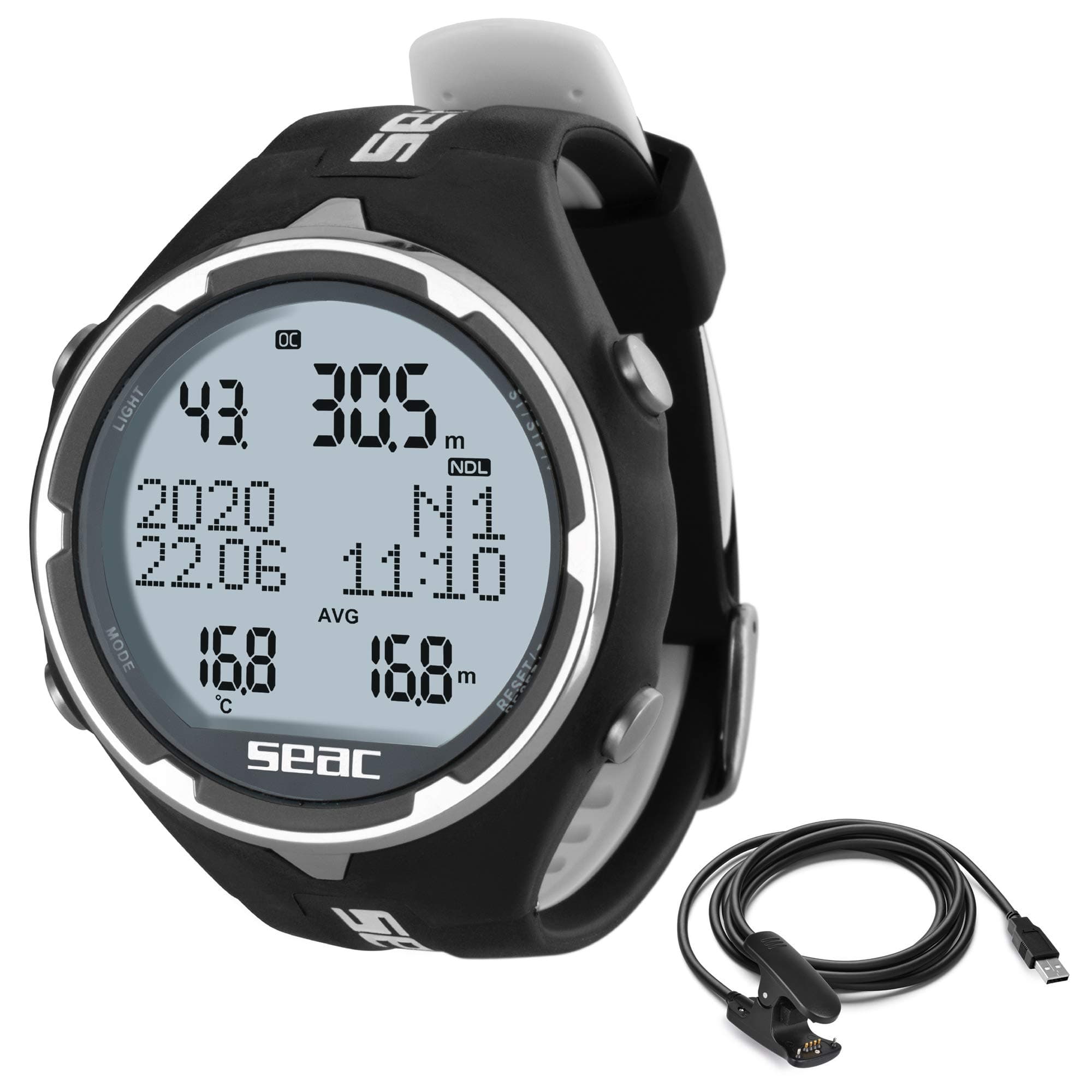 Action, Dive Computer with Scuba and Freediving Mode, Dive Logbook, Dive Planner, Safety Alarms, black/white + usb