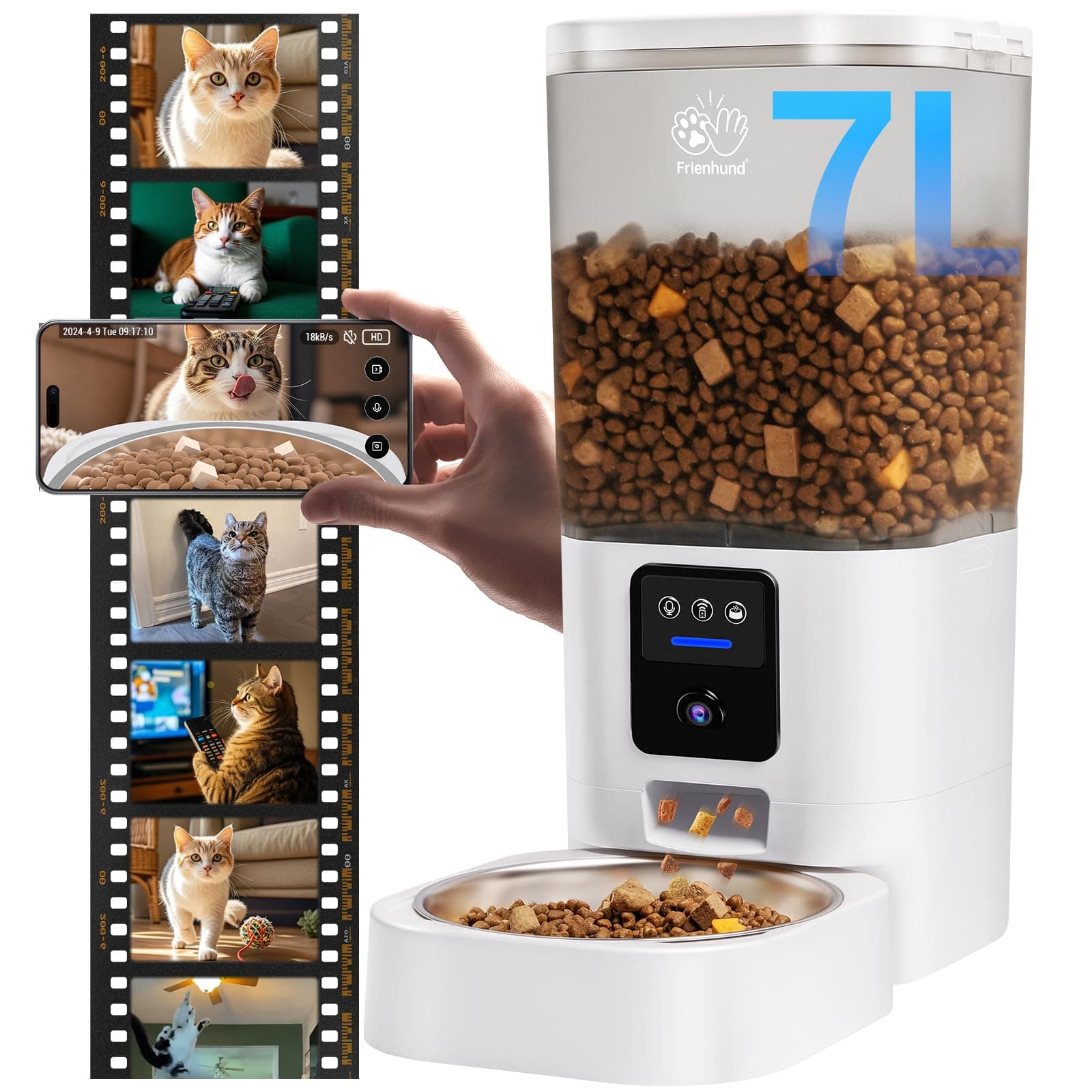 Automatic Cat Feeder with Camera: 5G WiFi Automatic Large Breed Dog Feeder, Cat Food Dispenser with Night Vision, Removable for Easy Cleaning-7L