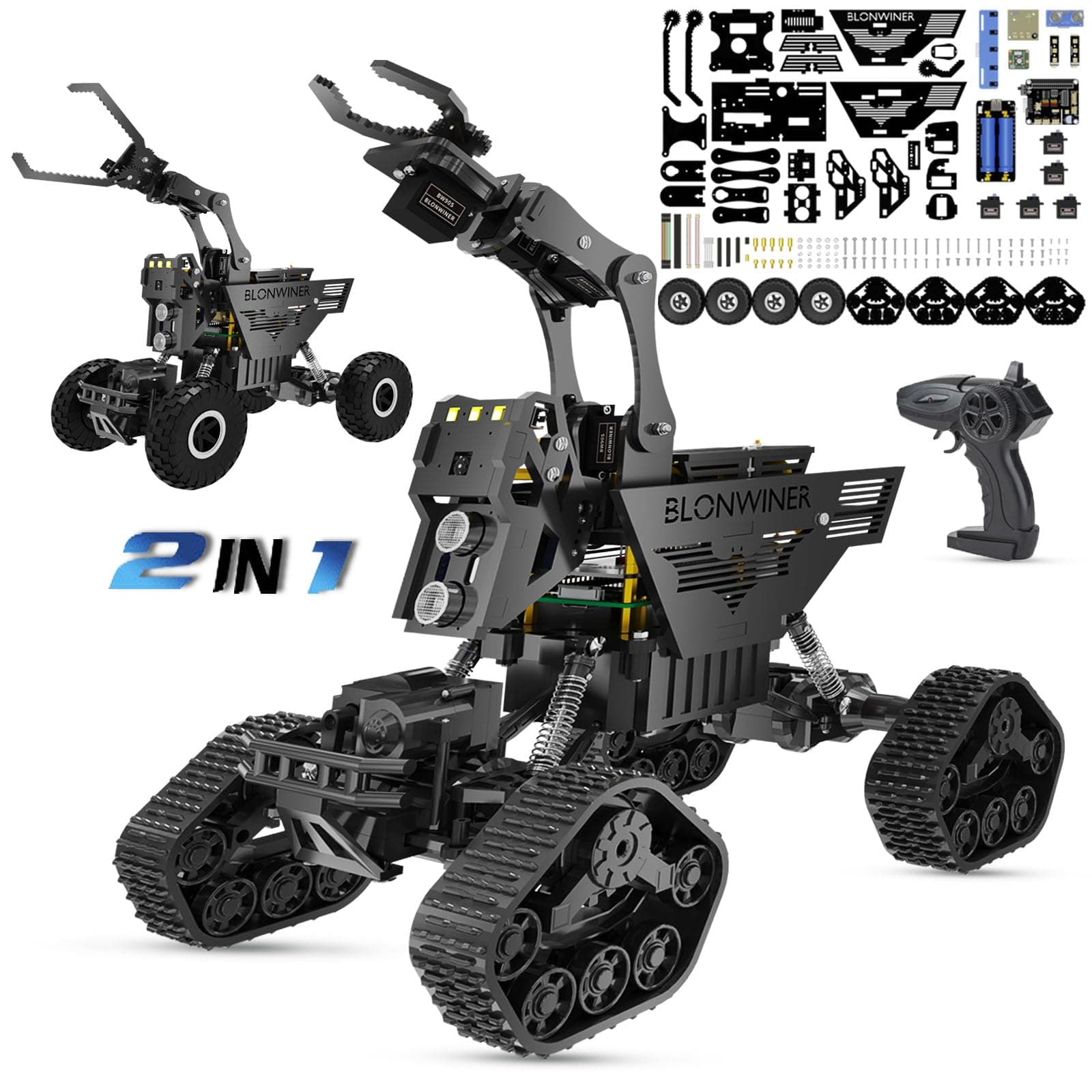 Robot Car Kit, 2 in 1 Smart Robotics Arm Building Toy for Raspberry Pi Python Coding, STEM Programming Tank Kits with Camera (Without RPi Board)