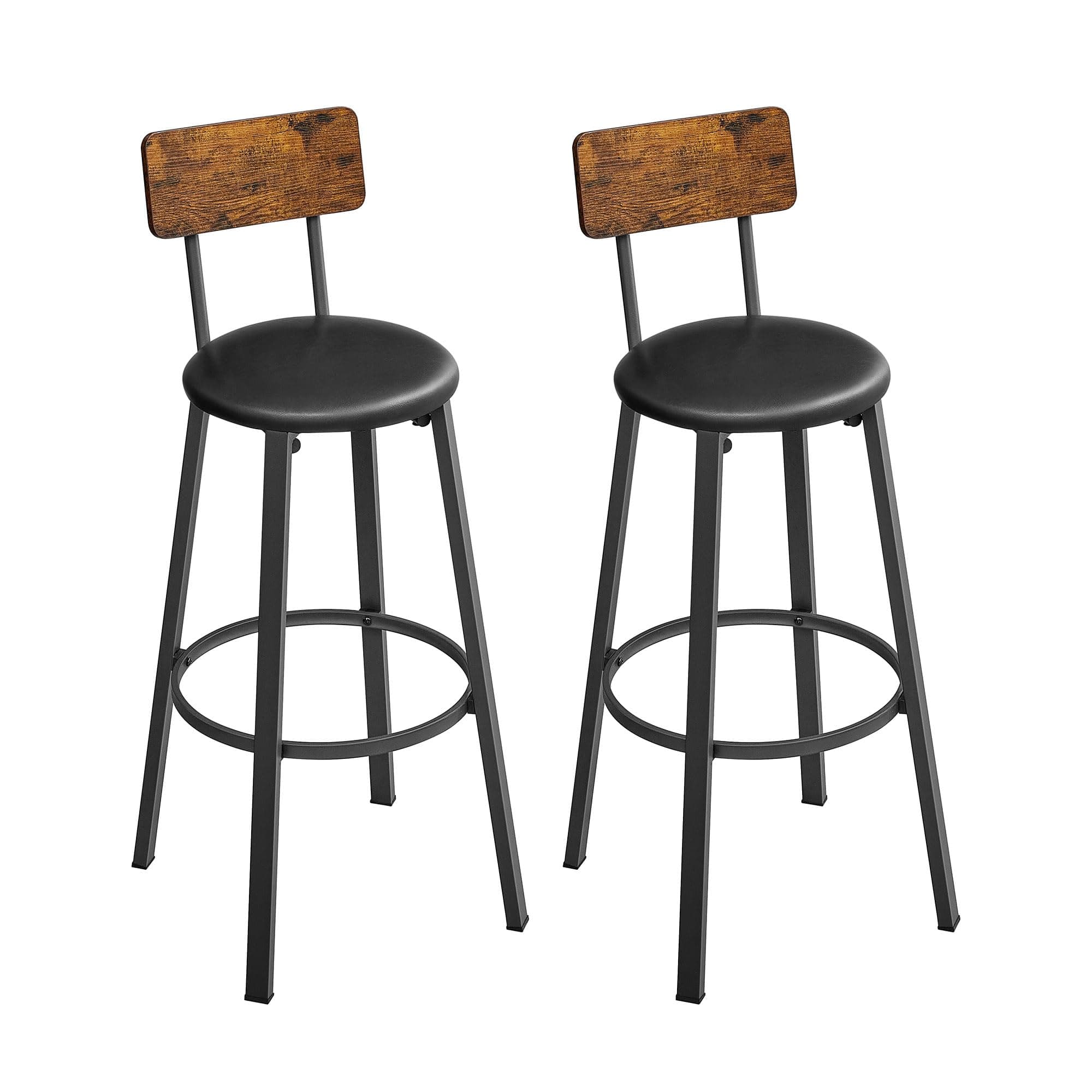 VASAGLE Bar Stools, Set of 2 PU Upholstered Breakfast Stools, Counter Height Stool, Footrest, Simple Assembly, Industrial, for Dining Room Kitchen Counter Bar, Rustic Brown and Classic Black LBC069B88