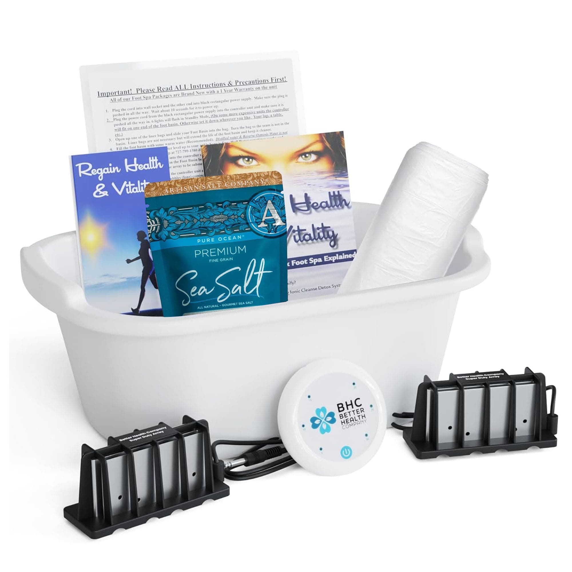 Ionic Foot Bath Detox Machine Super Duty Arrays for Professional & Home Use - Free Regain Health & Vitality Booklet & Brochure - 2 Super Duty Arrays, 20 Basin Liners, Detox Sea Salt, Basin 12QT