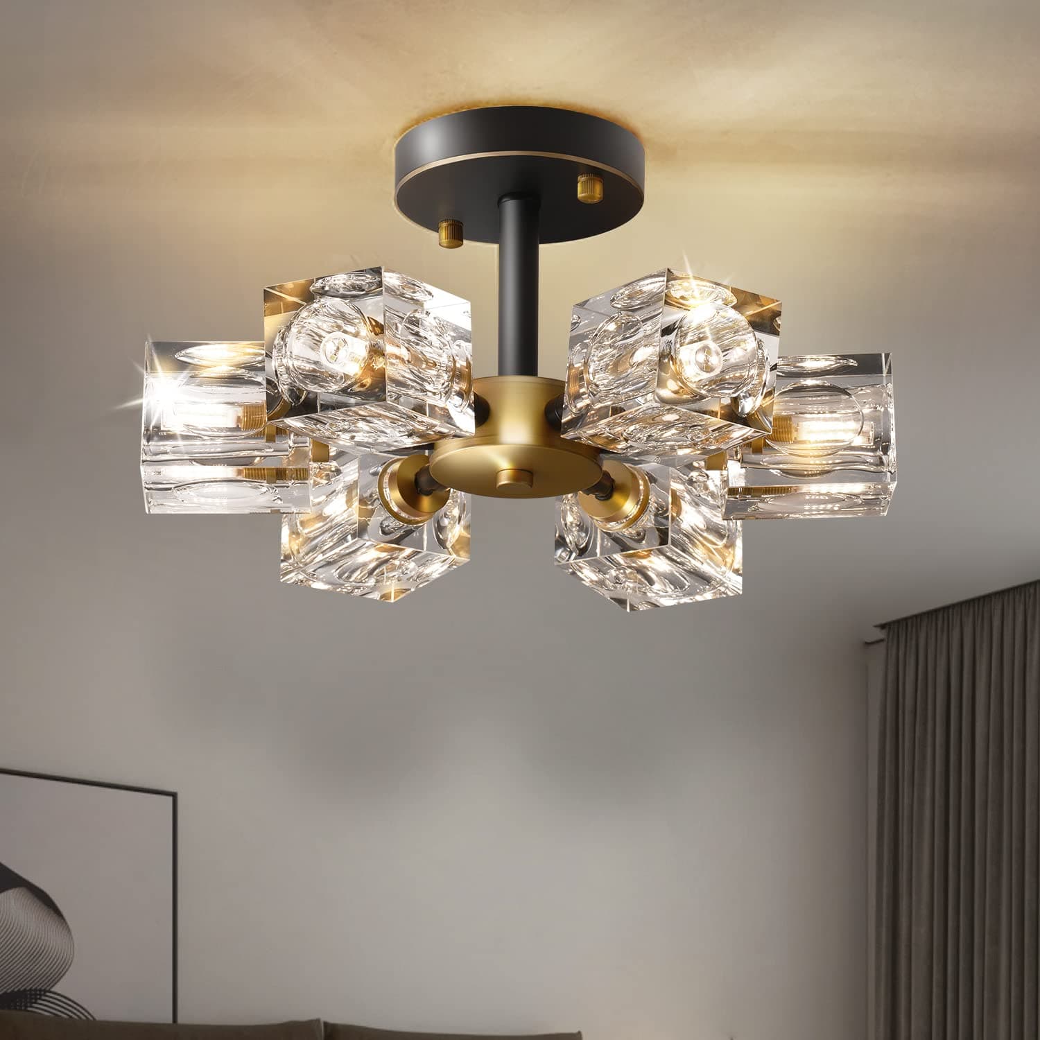 Semi Flush Mount Ceiling Light,13inch Modern Black and Gold Crystal Chandeliers,6-Lights Industrial Sputnik Chandeliers for Bedroom,Kitchen,Hallway,brthroom,entryway,Dining Room…