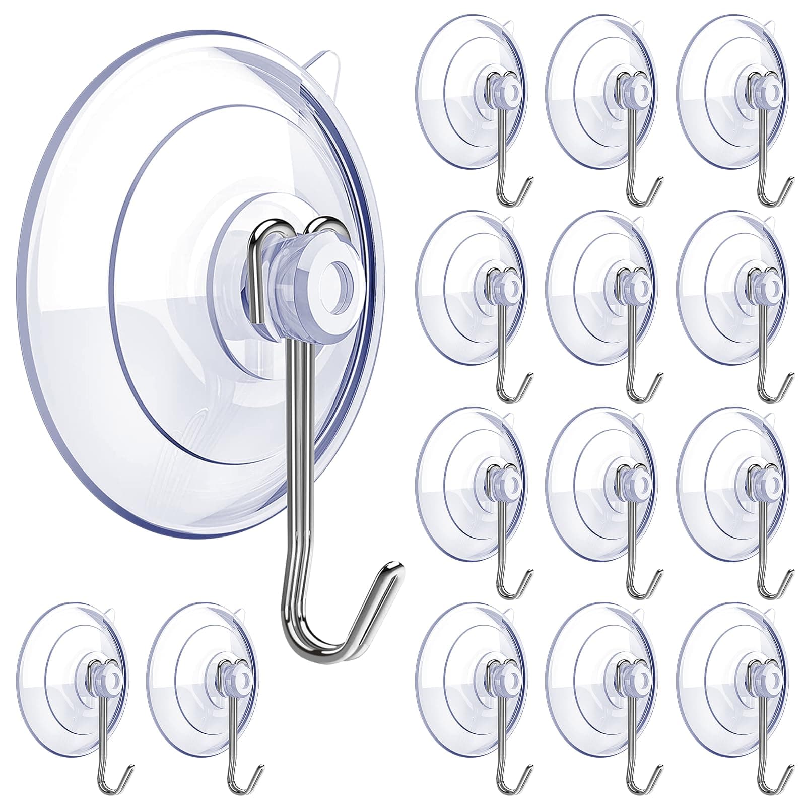 Suction Cup Hooks,15 PCS Clear Suction Cup for Glass Window Decor Shower Bathroom Glass Window Shower Kitchen, Reusable PVC Cups with Removable Stainless Hooks, Assorted