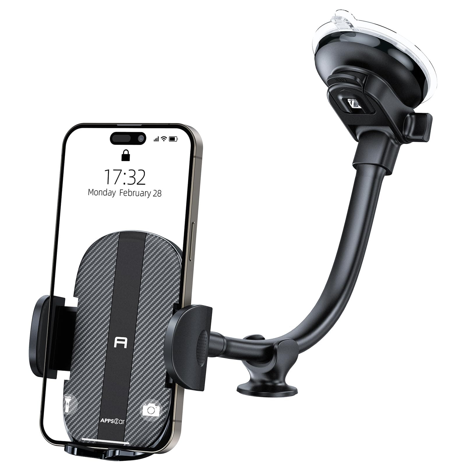 APPS2Car Cell Phone Holder for Car Dashboard Windshield Phone Mount for Car Long Arm Car Phone Holder Mount Strong Suction Cup Anti-Shake Stabilizer Compatible for iPhone, Samsung, All Smartphones